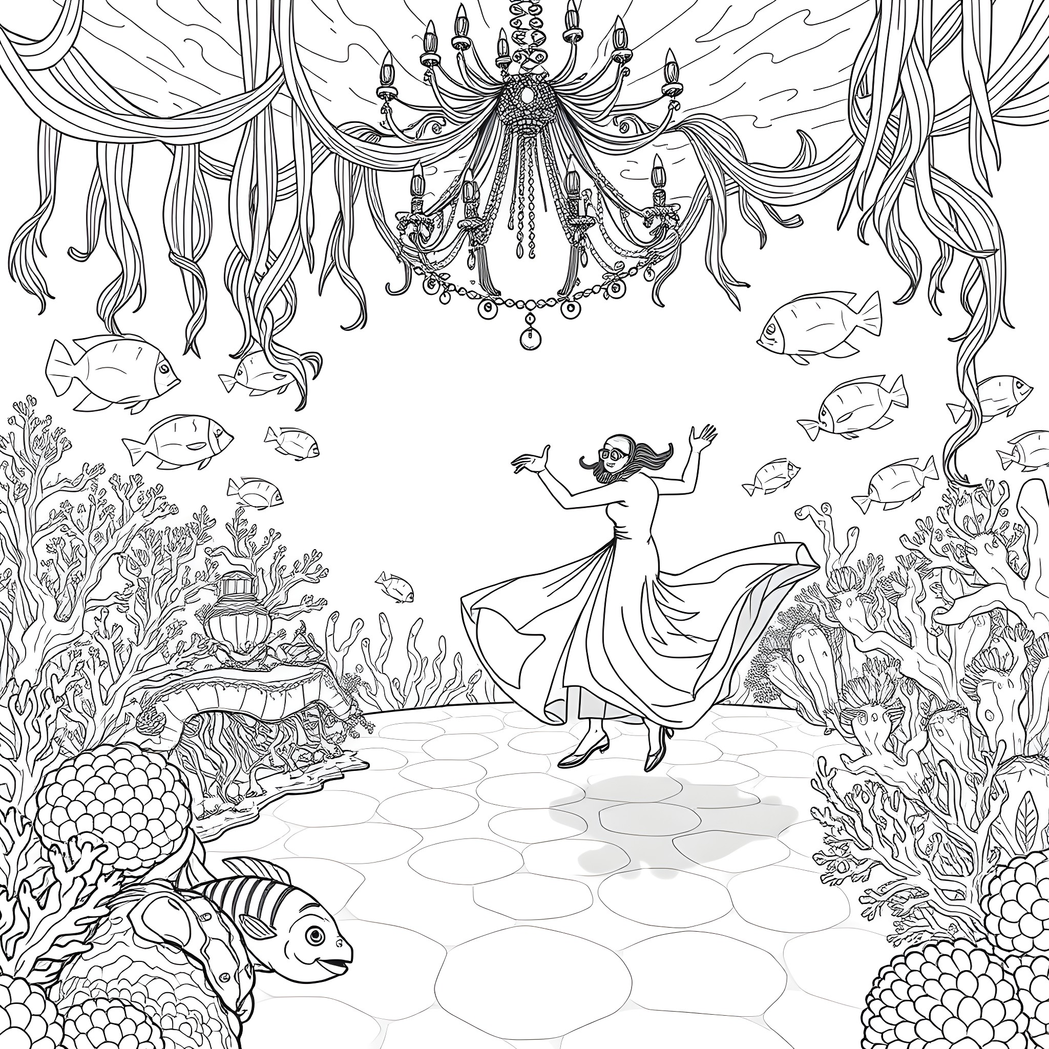 Diver gracefully dancing in underwater wonderland Coloring Page (free black-and-white line drawing printable PDF for all, from beginners to advanced learners, including children, teens, adults, and seniors)