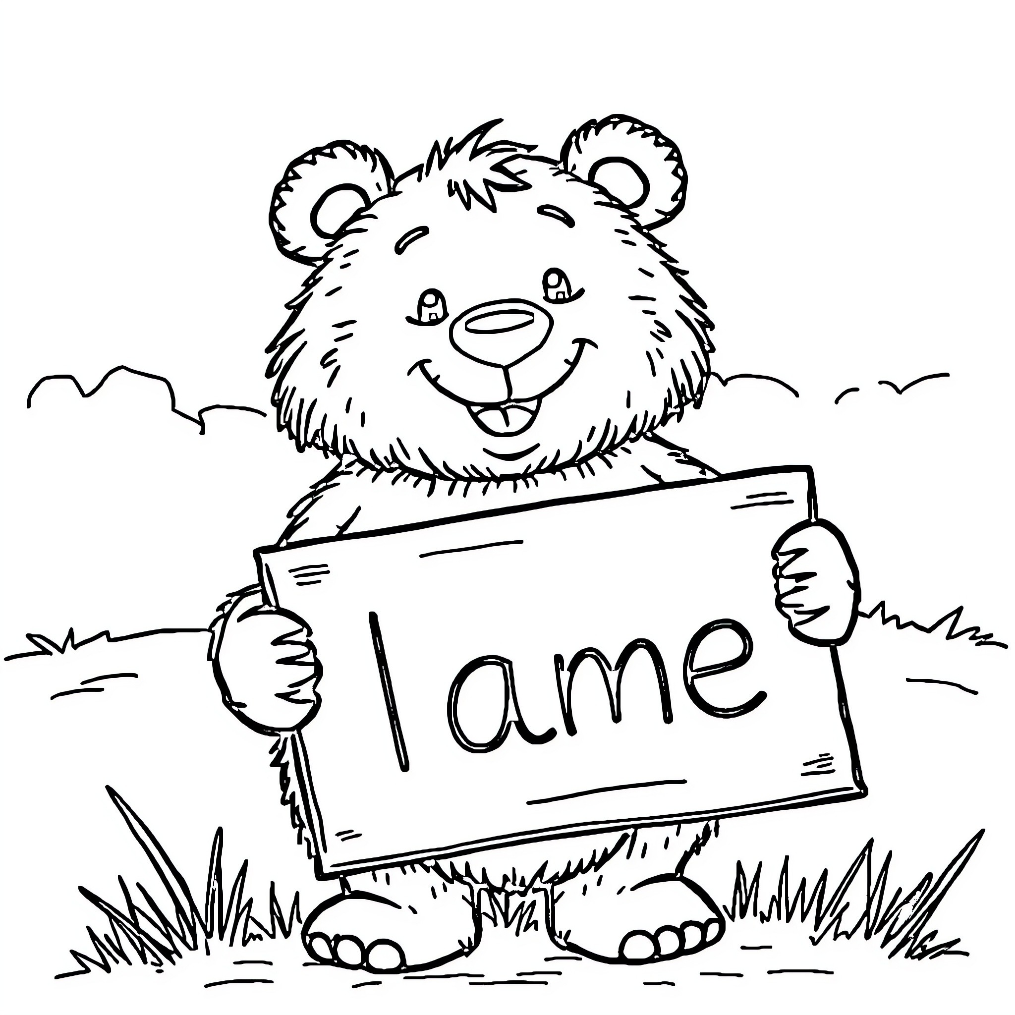 Bear holding a sign with its name Coloring Page (free black-and-white line drawing printable PDF for all, from beginners to advanced learners, including children, teens, adults, and seniors)