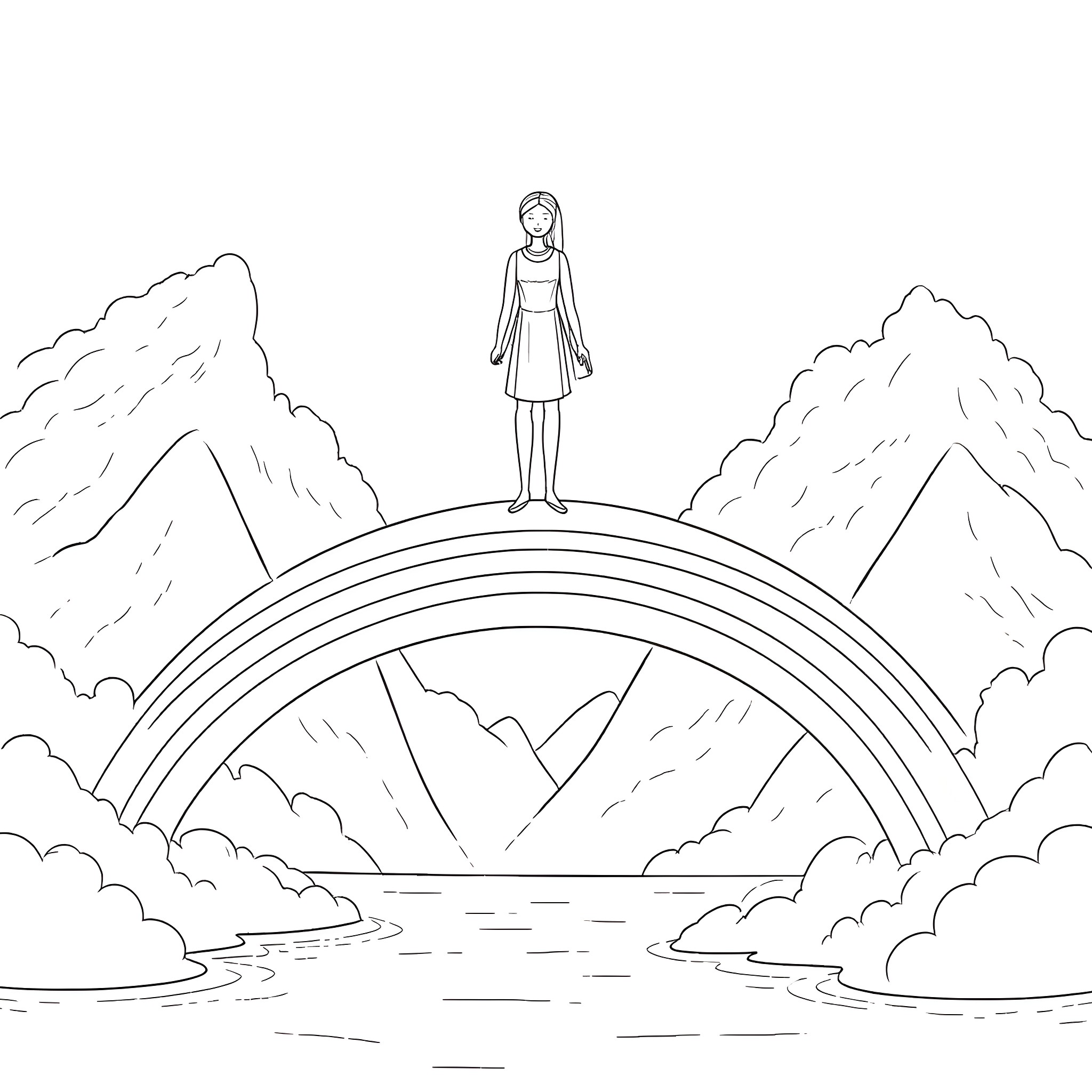 Lady standing on a rainbow over the mountains Coloring Page (free black-and-white line drawing printable PDF for all, from beginners to advanced learners, including children, teens, adults, and seniors)