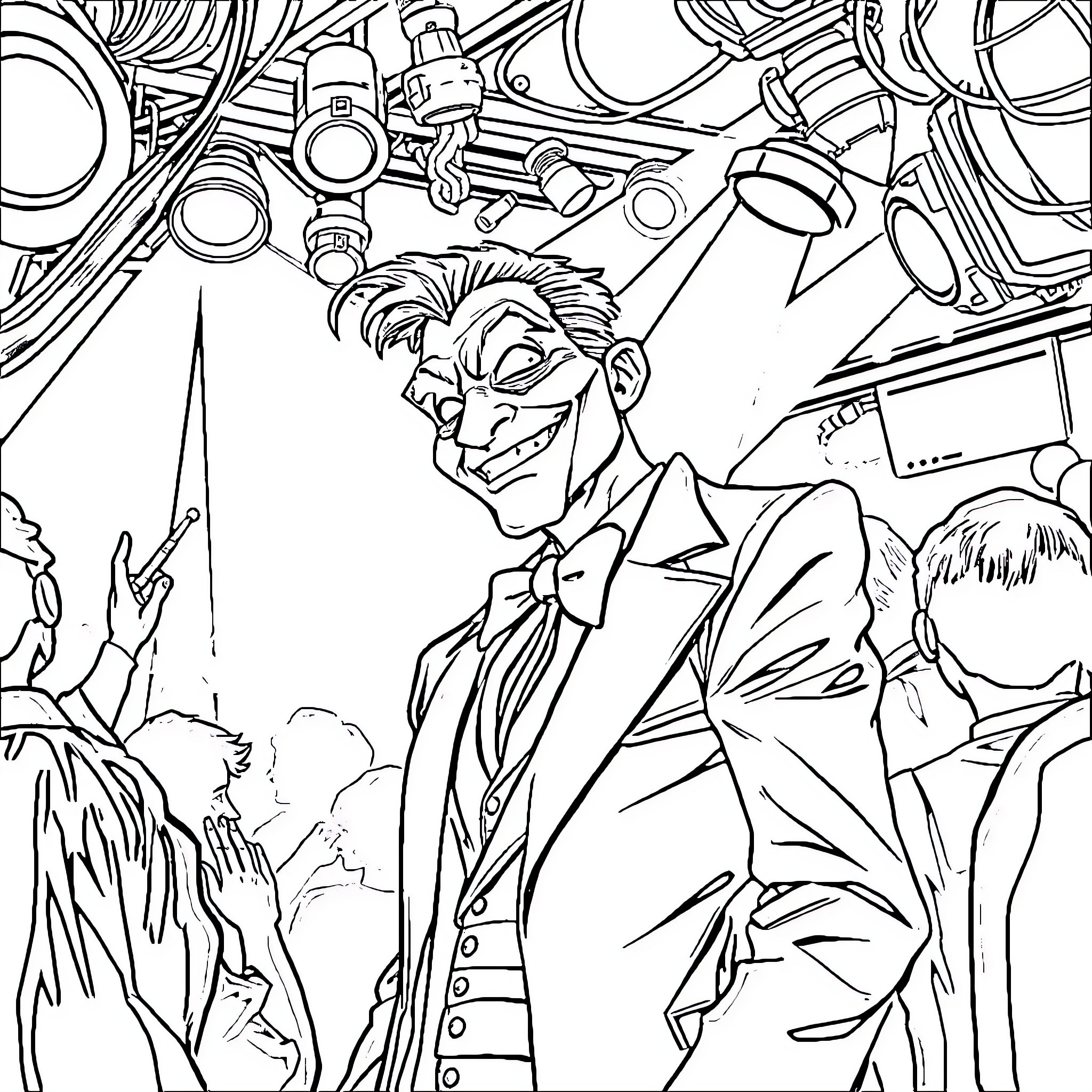 Riddler's Mysterious Machinations in the Lab Coloring Page (free black-and-white line drawing printable PDF for all, from beginners to advanced learners, including children, teens, adults, and seniors)