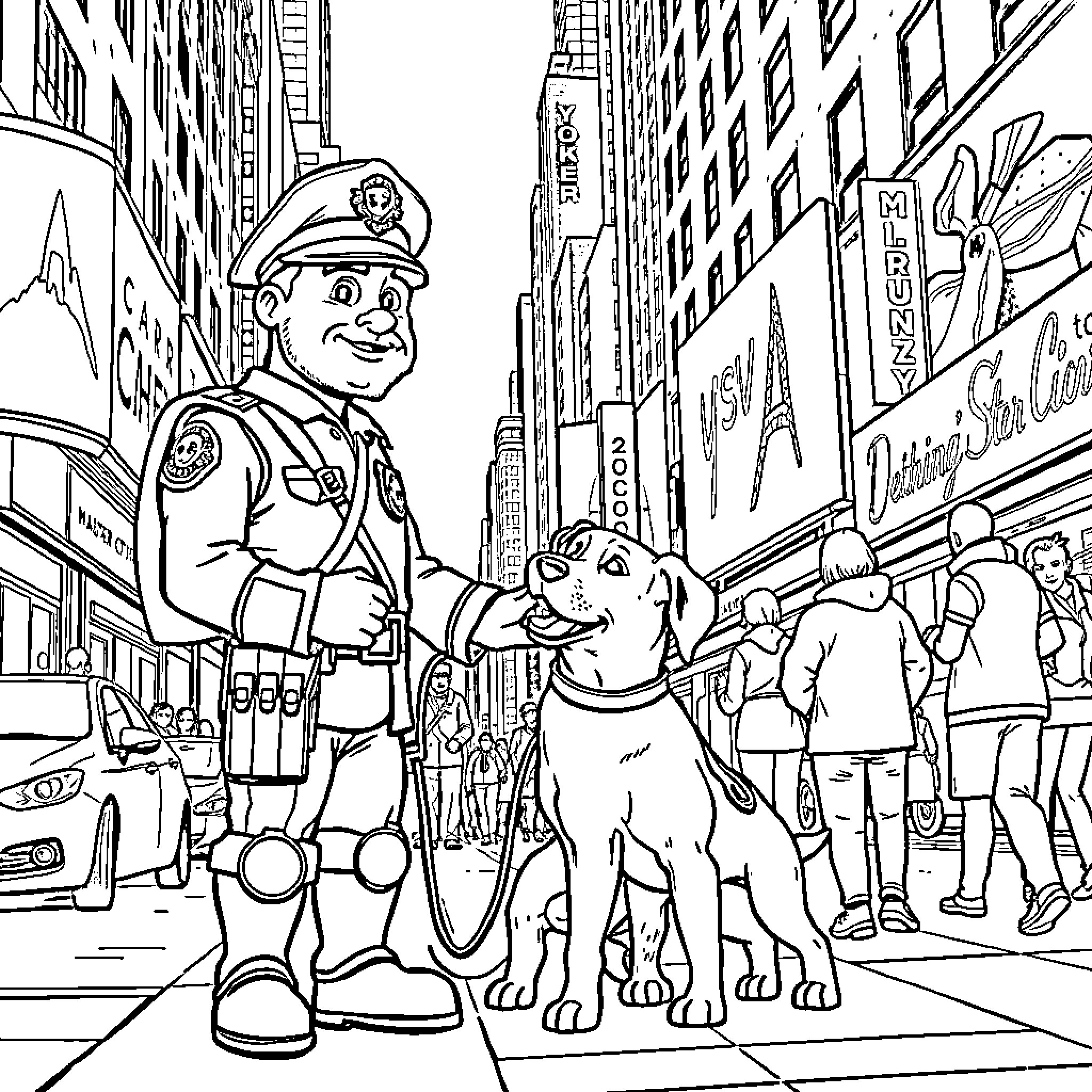 Master Chief Helps Canine Companion in Big City Coloring Page (free black-and-white line drawing printable PDF for all, from beginners to advanced learners, including children, teens, adults, and seniors)