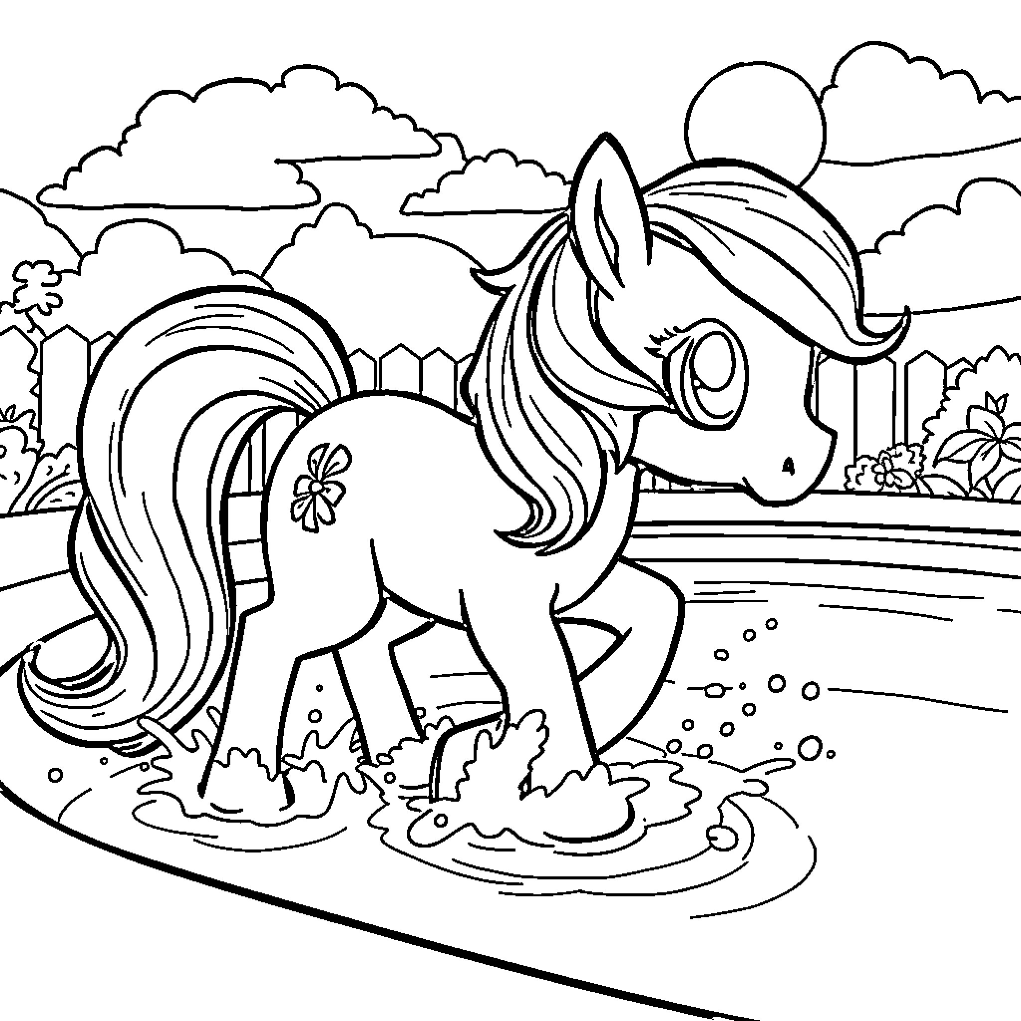 Pony playing in puddle on a rainy day Coloring Page (free black-and-white line drawing printable PDF for all, from beginners to advanced learners, including children, teens, adults, and seniors)