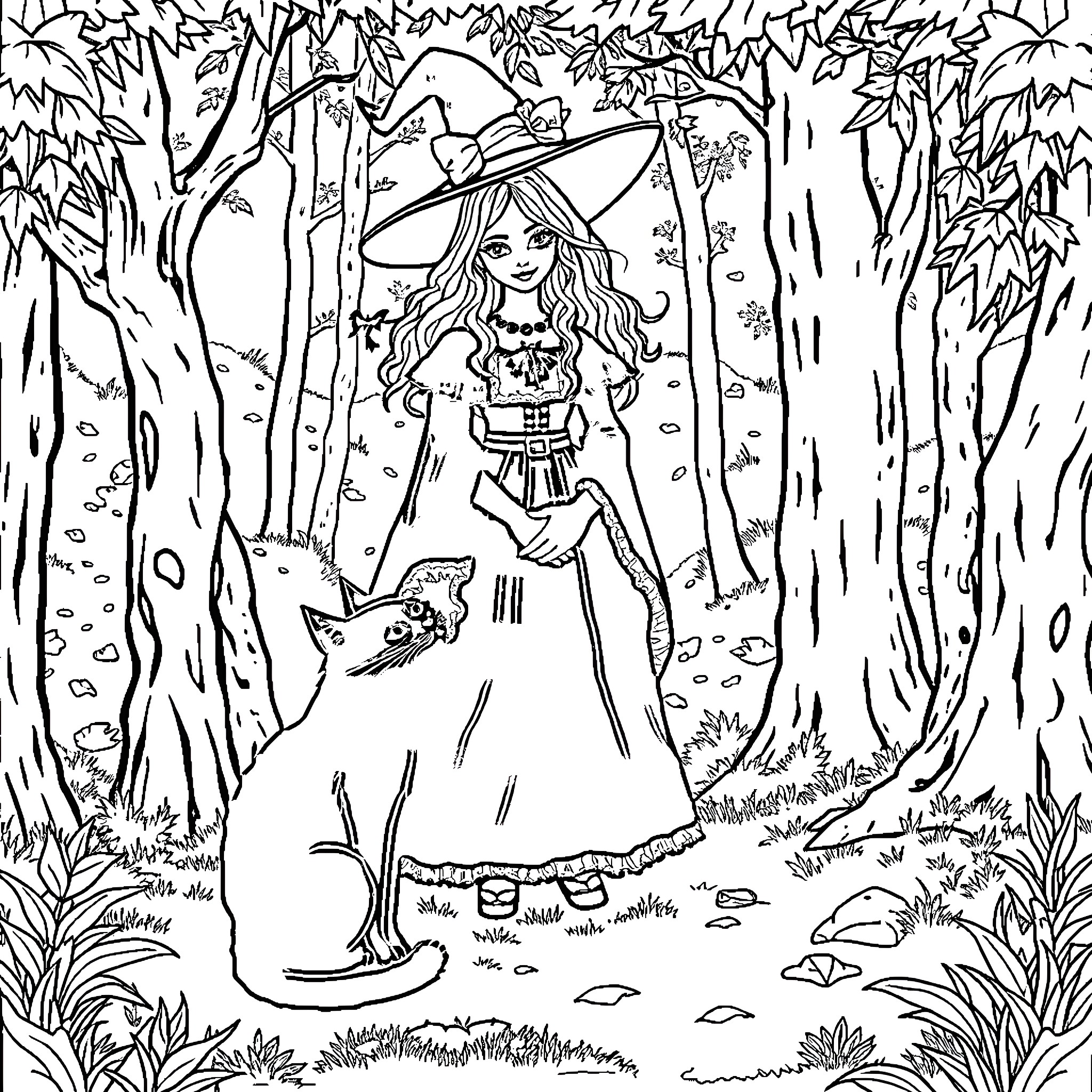 Witch exploring the enchanted forest Coloring Page (free black-and-white line drawing printable PDF for all, from beginners to advanced learners, including children, teens, adults, and seniors)