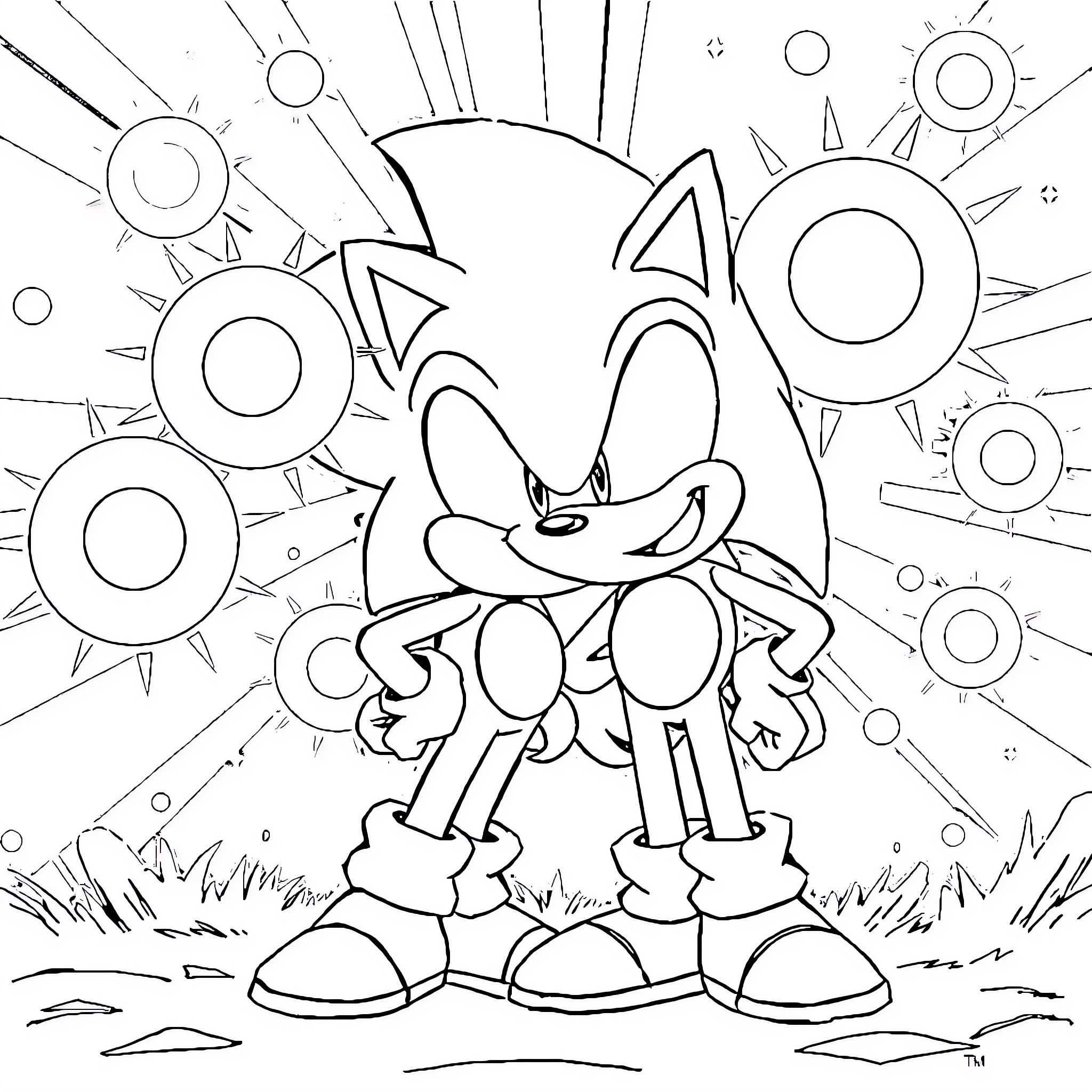 Solarball Sonic: The Hedgehog in Radiant Surroundings Coloring Page (free black-and-white line drawing printable PDF for all, from beginners to advanced learners, including children, teens, adults, and seniors)