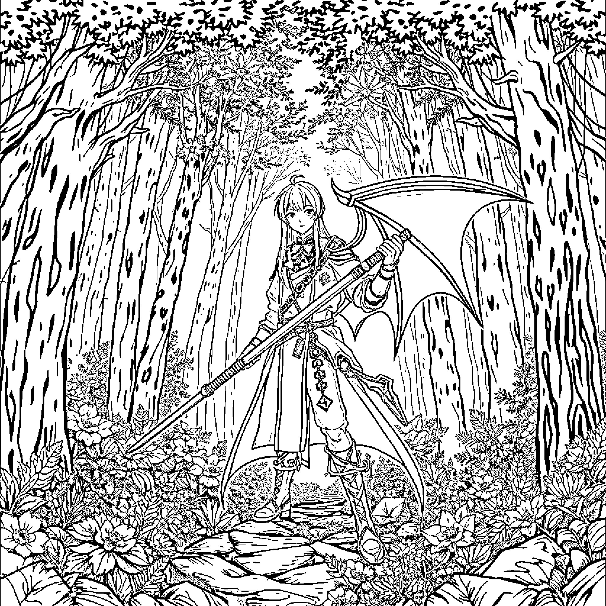 Demon Warrior Wields Scythe in Enchanted Forest Coloring Page (free black-and-white line drawing printable PDF for all, from beginners to advanced learners, including children, teens, adults, and seniors)