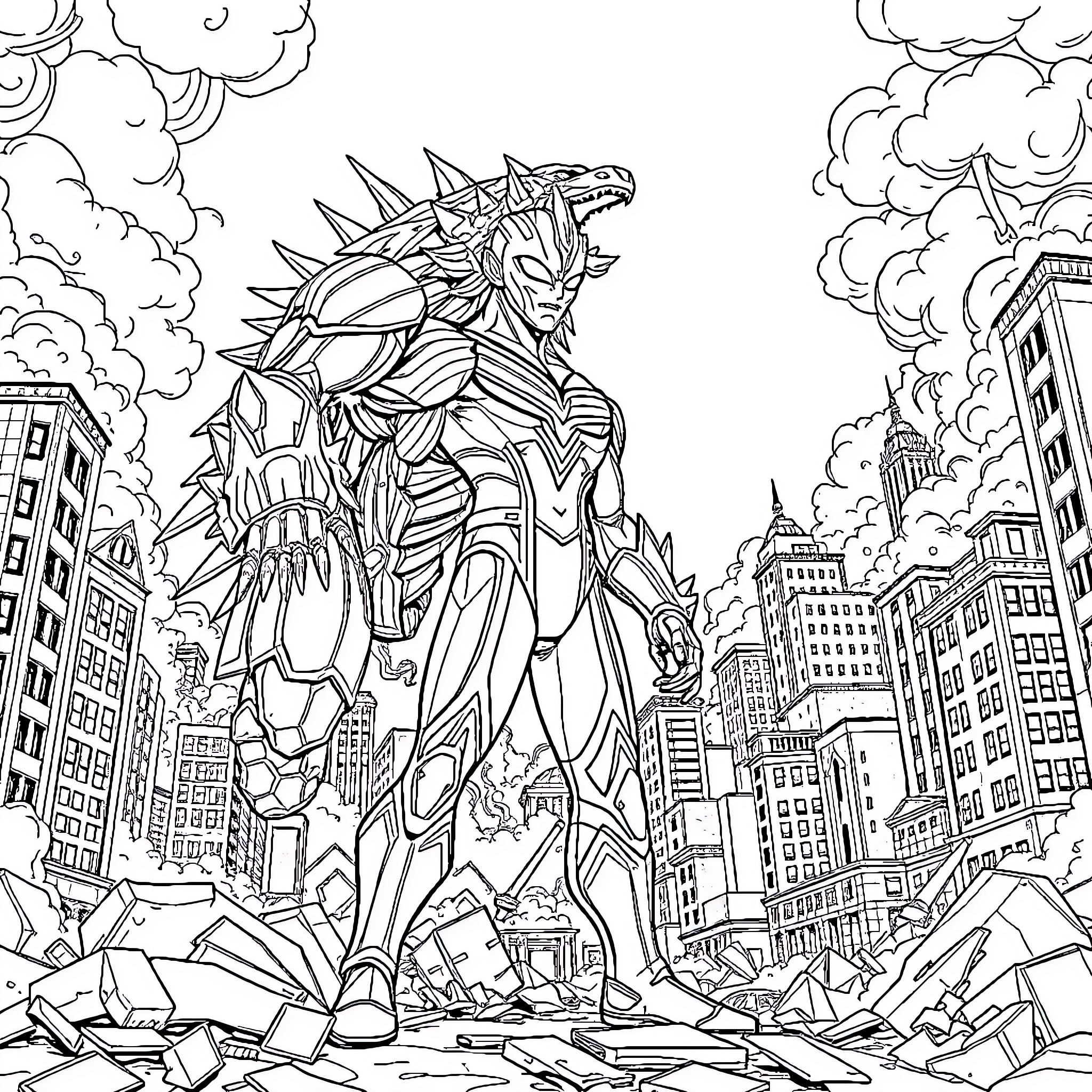 Ultraman battling amidst city destruction Coloring Page (free black-and-white line drawing printable PDF for all, from beginners to advanced learners, including children, teens, adults, and seniors)