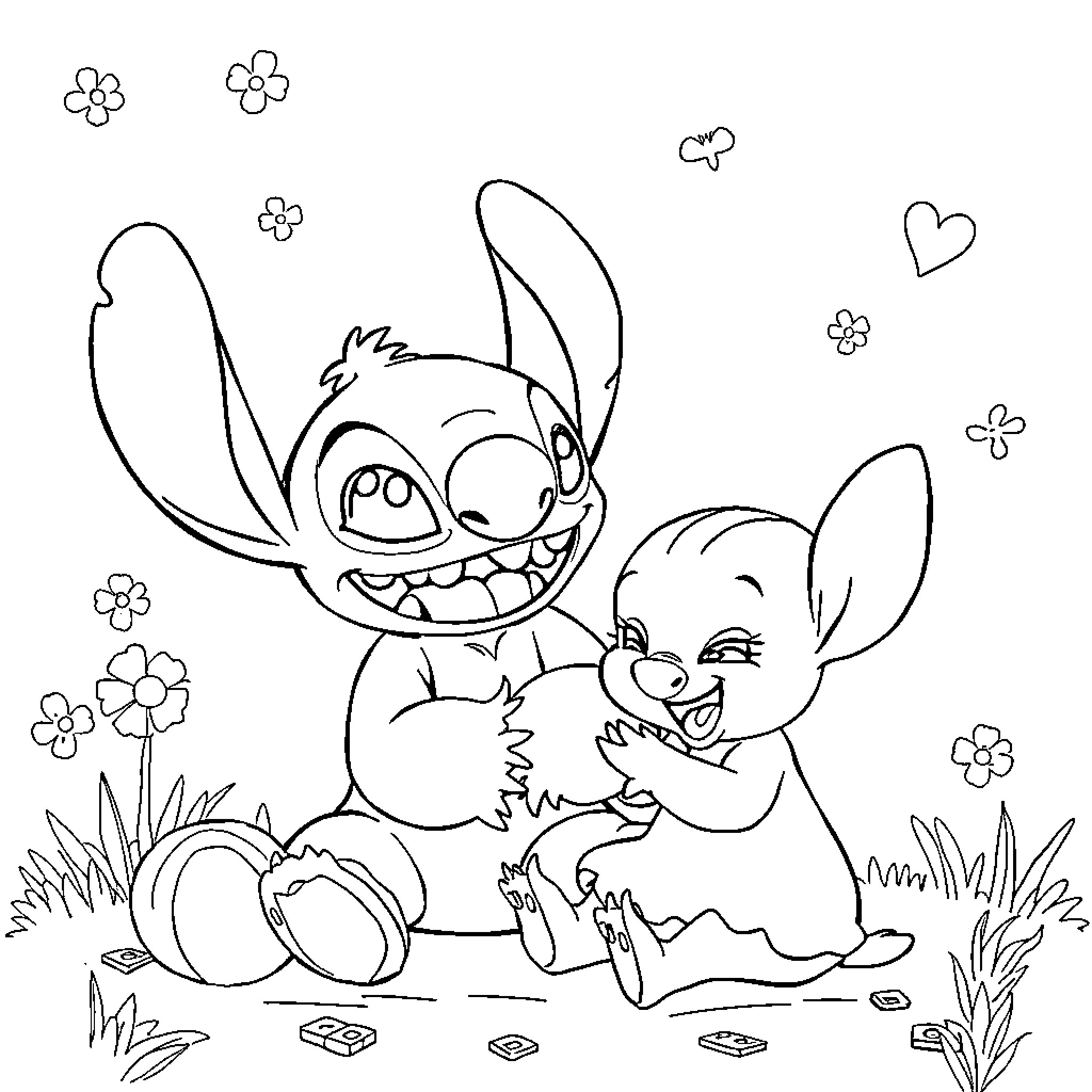 Stitch and Angel playing in the garden Coloring Page (free black-and-white line drawing printable PDF for all, from beginners to advanced learners, including children, teens, adults, and seniors)