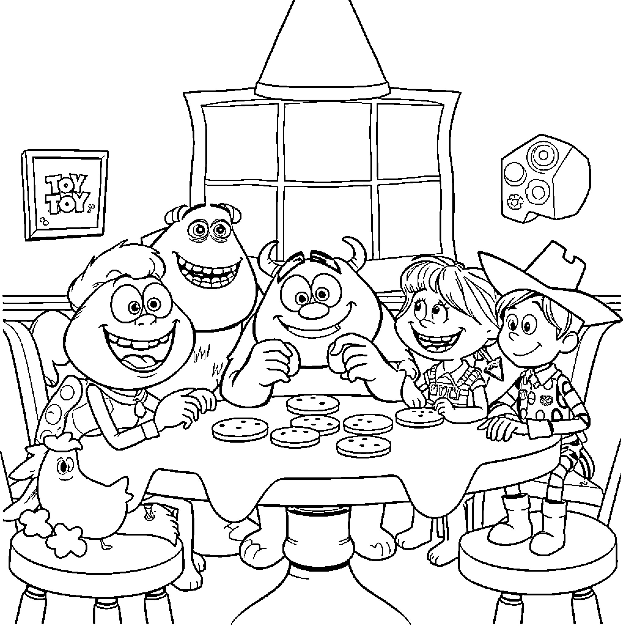 Monster friends enjoying a snack together Coloring Page (free black-and-white line drawing printable PDF for all, from beginners to advanced learners, including children, teens, adults, and seniors)