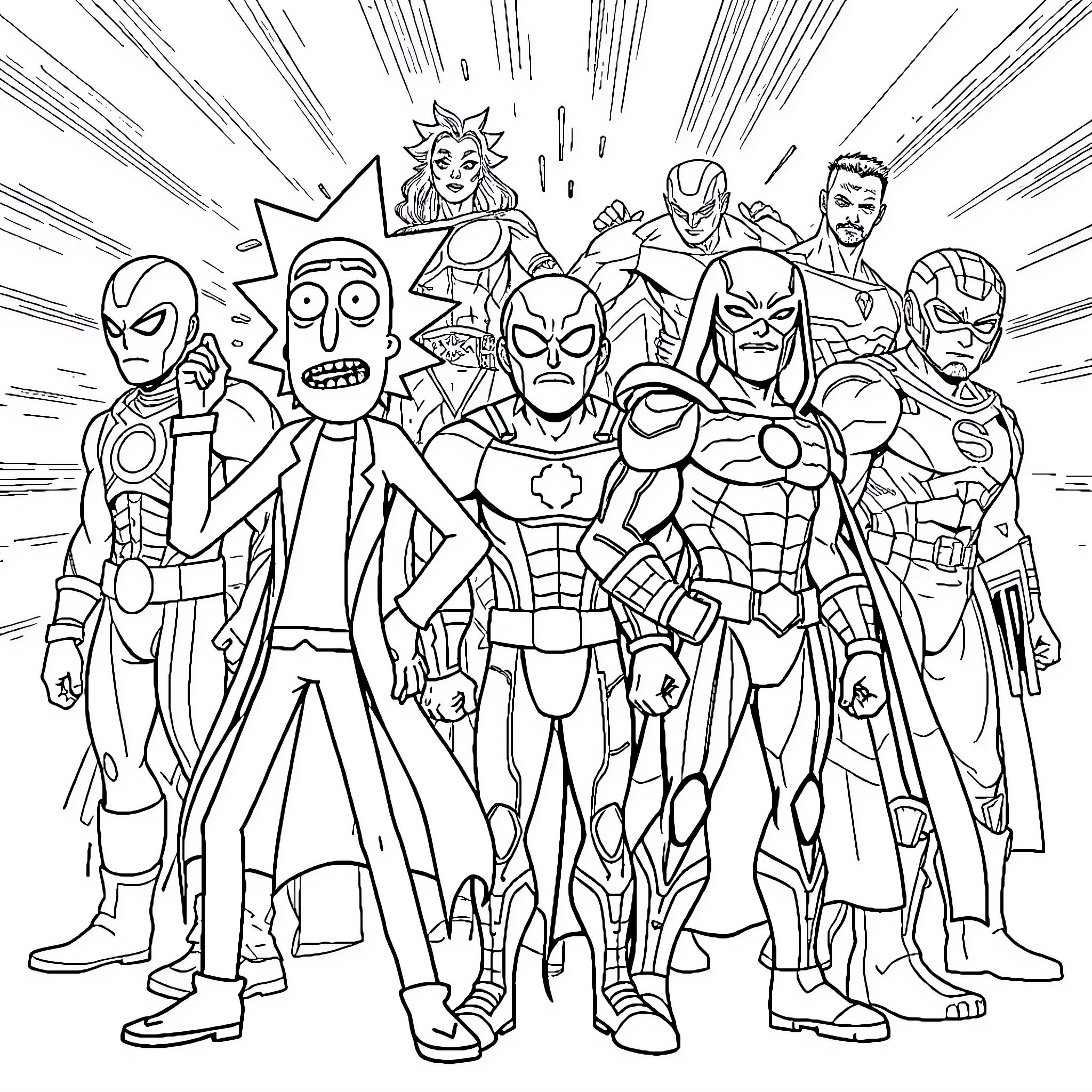 Rick and Morty Characters in Dynamic Poses Coloring Page (free black-and-white line drawing printable PDF for all, from beginners to advanced learners, including children, teens, adults, and seniors)