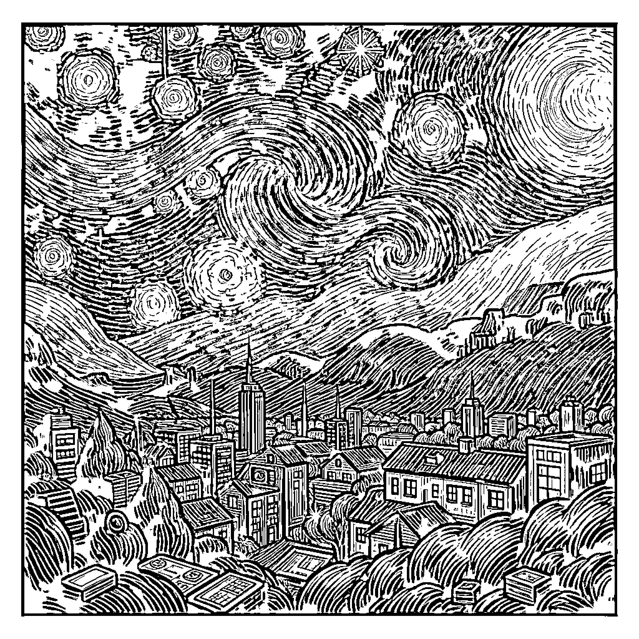 Star-Filled Skies over the Bustling City Coloring Page (free black-and-white line drawing printable PDF for all, from beginners to advanced learners, including children, teens, adults, and seniors)