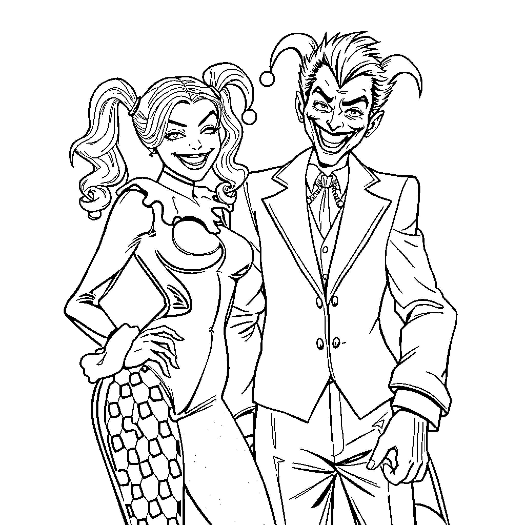 Harley Quinn and the Joker in Mischievous Attire Coloring Page (free black-and-white line drawing printable PDF for all, from beginners to advanced learners, including children, teens, adults, and seniors)