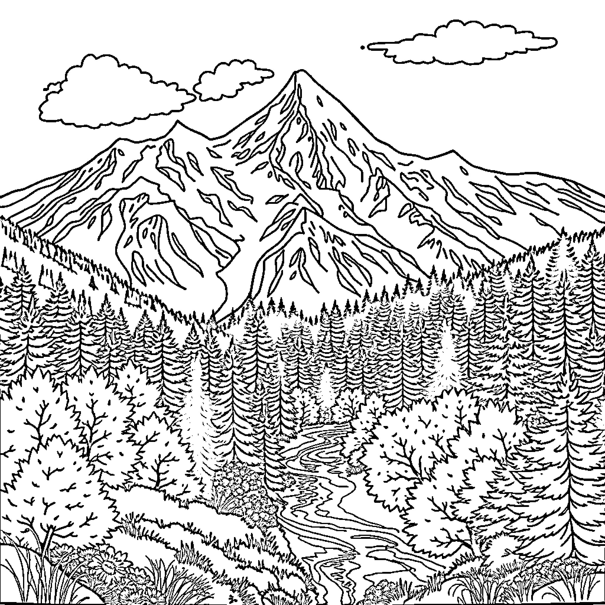 Mountain Landscape with Winding Creek and Evergreen Forest Coloring Page (free black-and-white line drawing printable PDF for all, from beginners to advanced learners, including children, teens, adults, and seniors)