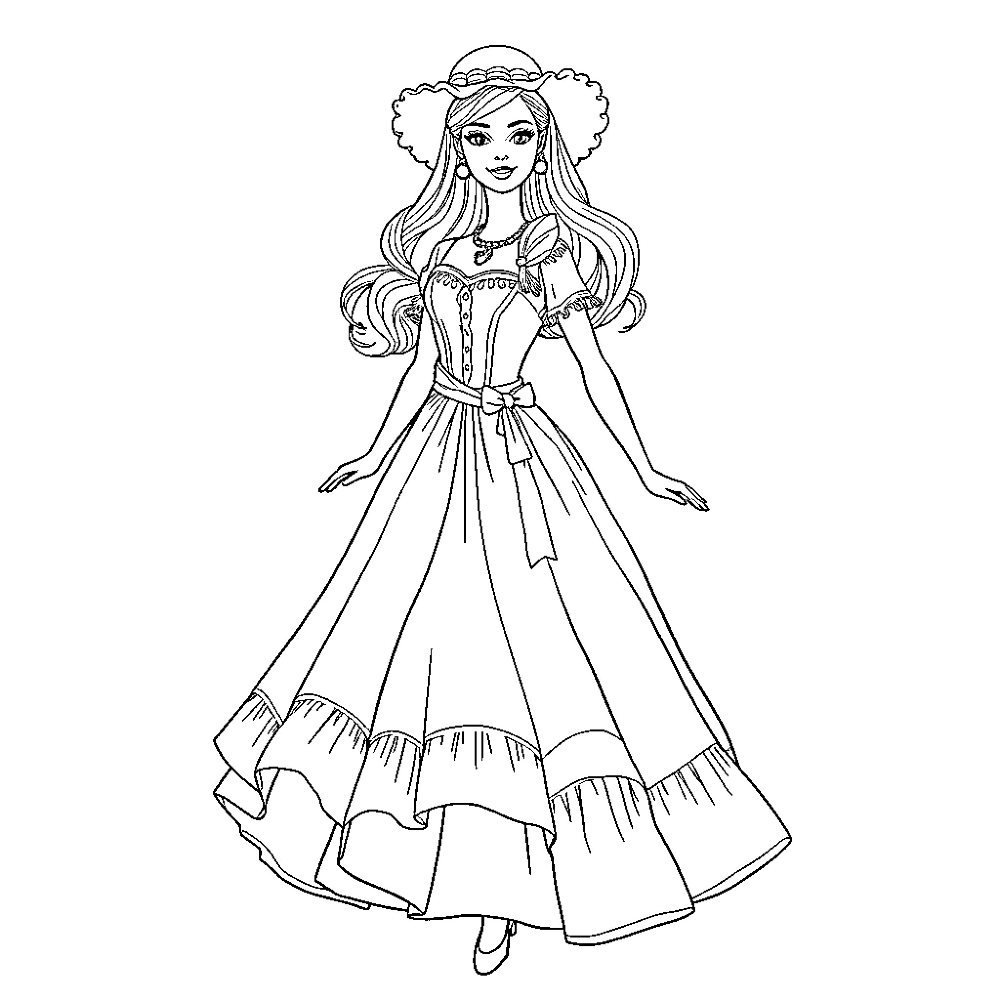 Barbie in a Fashionable Ball Gown Coloring Page (free black-and-white line drawing printable PDF for all, from beginners to advanced learners, including children, teens, adults, and seniors)