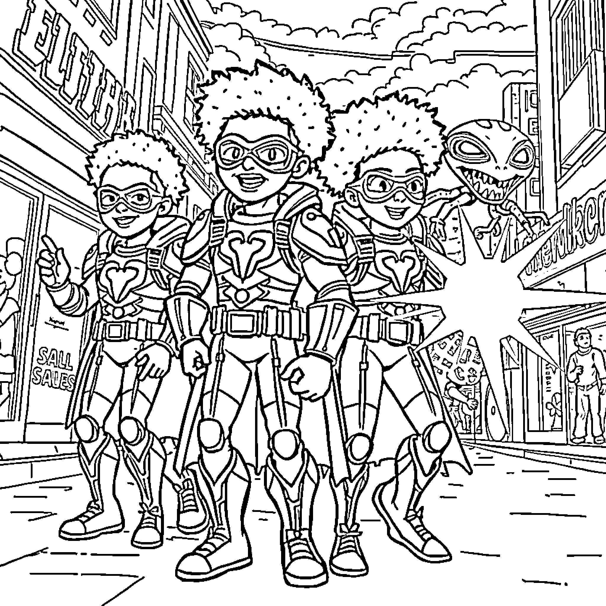 Superhero Squad Patrols the City Streets Coloring Page (free black-and-white line drawing printable PDF for all, from beginners to advanced learners, including children, teens, adults, and seniors)