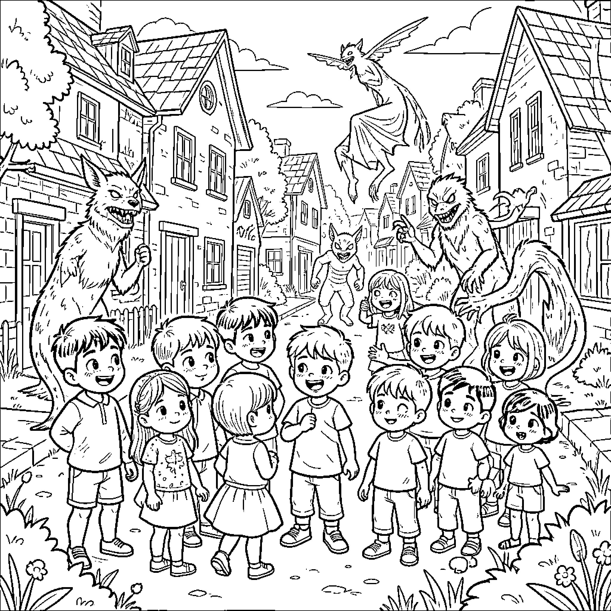 Stranger Things: Children Encounter Supernatural Beings in Town Coloring Page (free black-and-white line drawing printable PDF for all, from beginners to advanced learners, including children, teens, adults, and seniors)