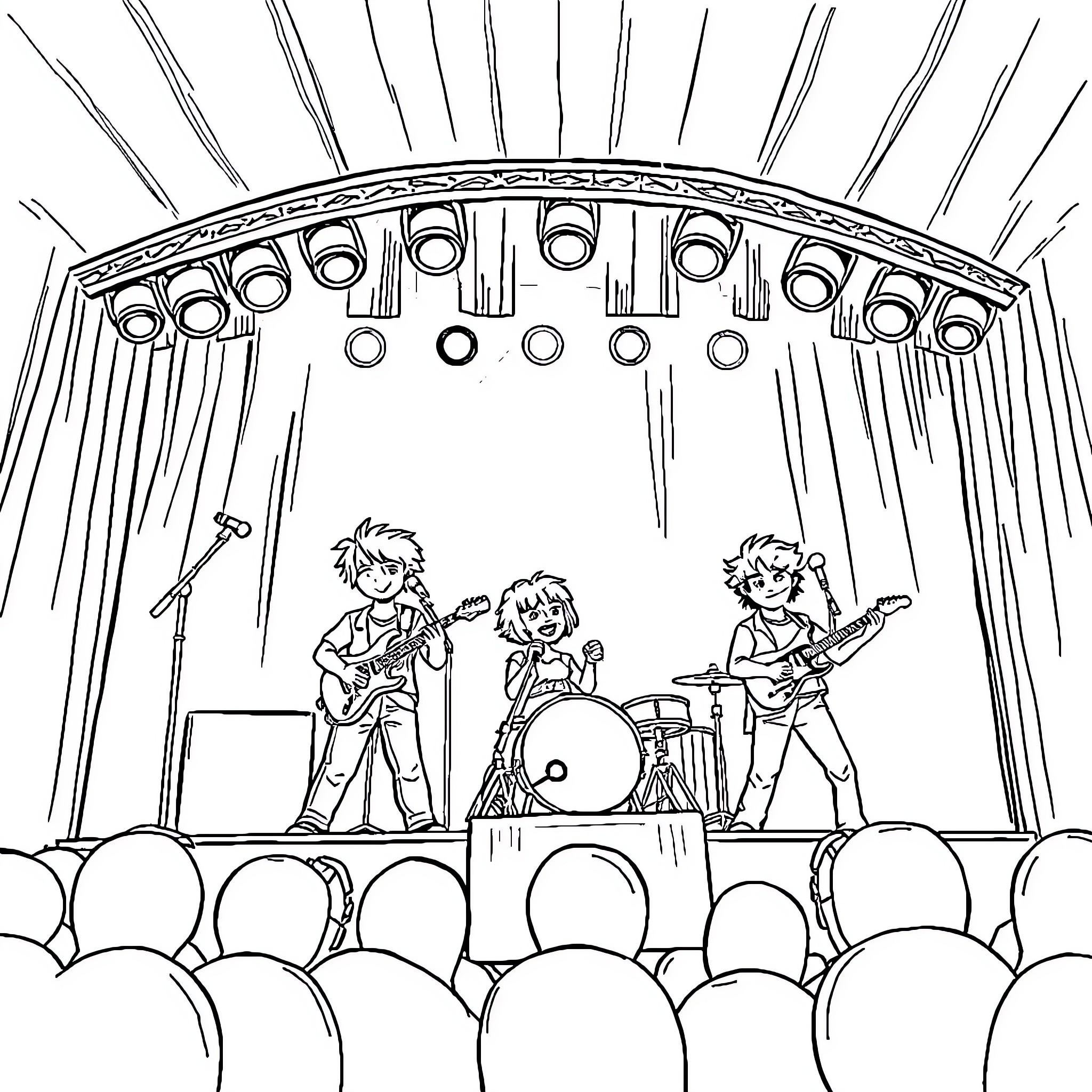 Stray Kids performing energetically on stage Coloring Page (free black-and-white line drawing printable PDF for all, from beginners to advanced learners, including children, teens, adults, and seniors)