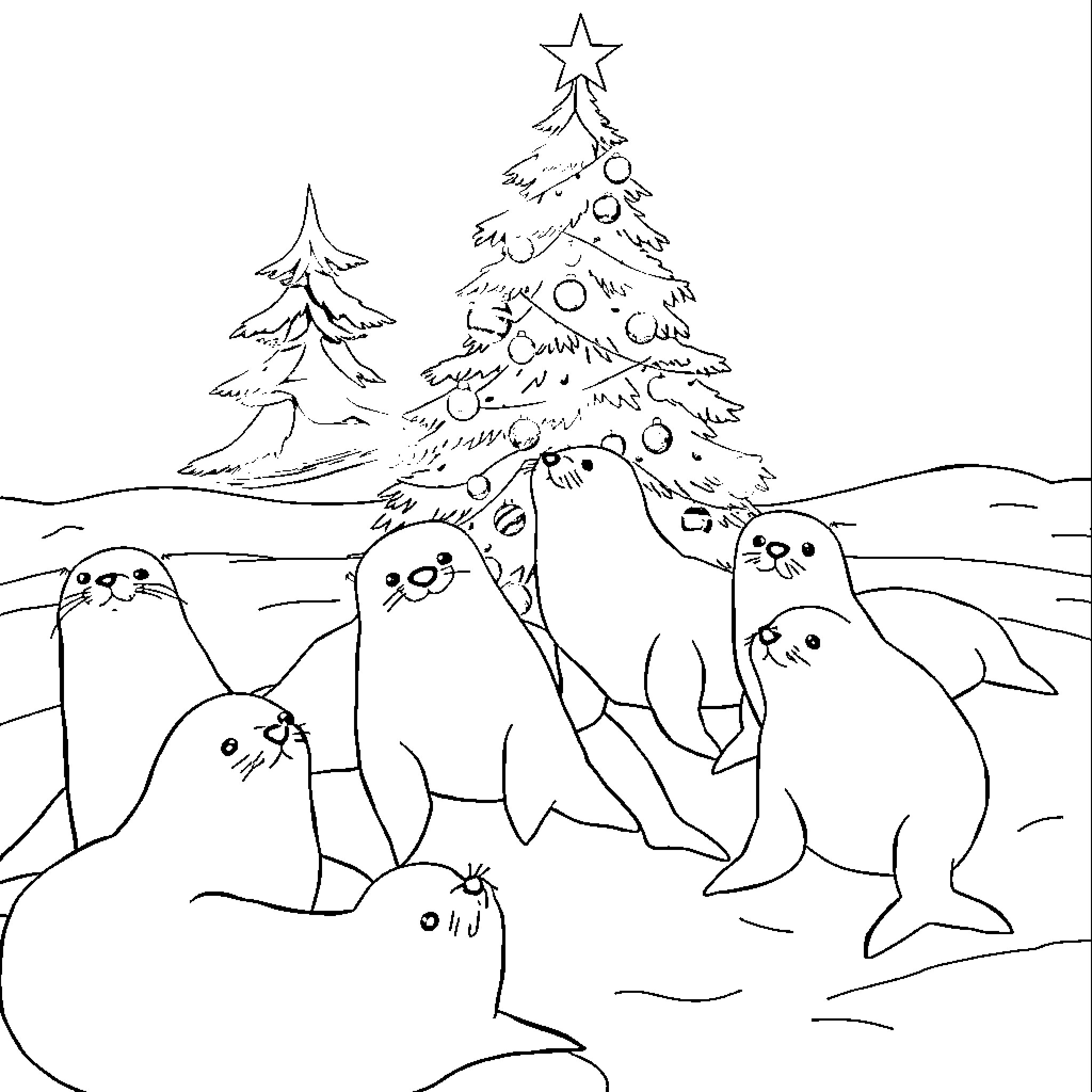 Seal playing near decorated Christmas tree Coloring Page (free black-and-white line drawing printable PDF for all, from beginners to advanced learners, including children, teens, adults, and seniors)