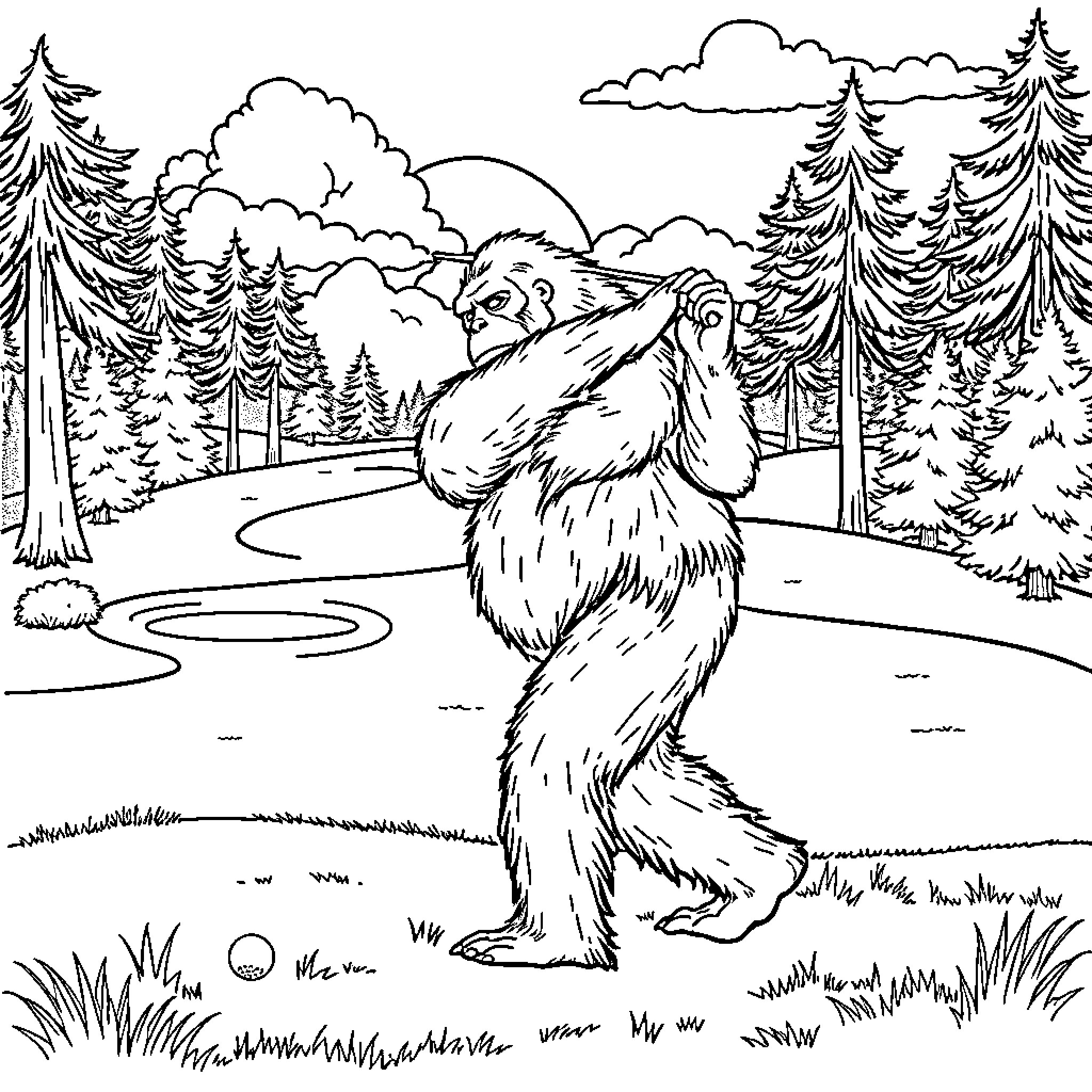 Bigfoot exploring the forest scenery Coloring Page (free black-and-white line drawing printable PDF for all, from beginners to advanced learners, including children, teens, adults, and seniors)