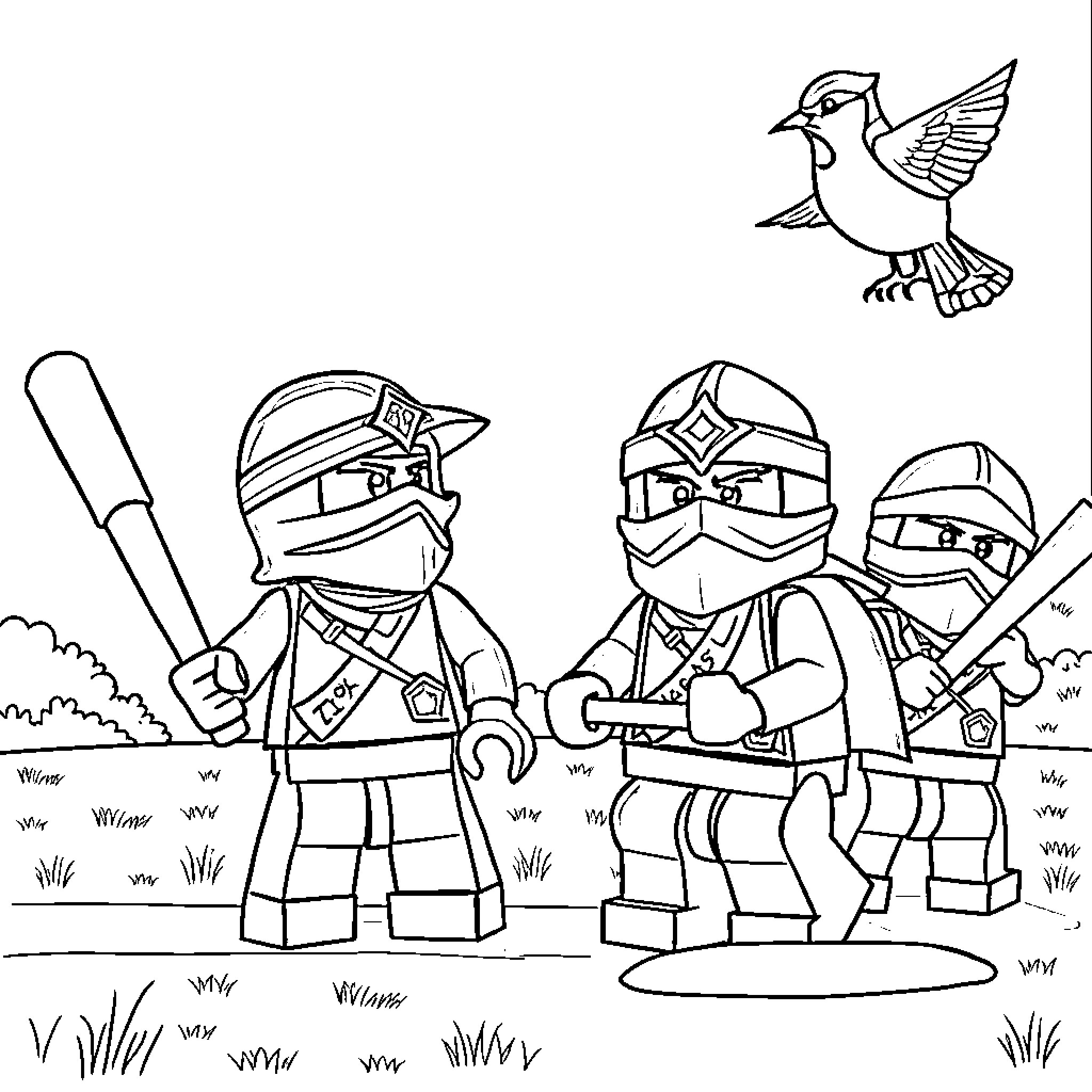 Ninjago characters in action-ready poses Coloring Page (free black-and-white line drawing printable PDF for all, from beginners to advanced learners, including children, teens, adults, and seniors)