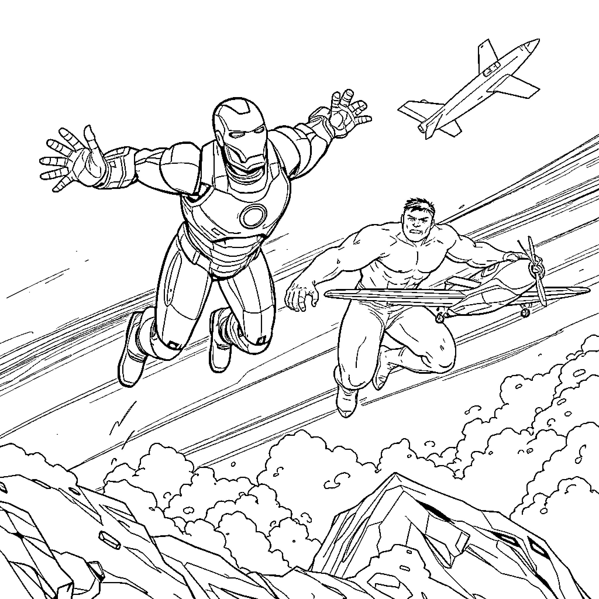 Ironman and Superhero Soaring Through the Skies Coloring Page (free black-and-white line drawing printable PDF for all, from beginners to advanced learners, including children, teens, adults, and seniors)