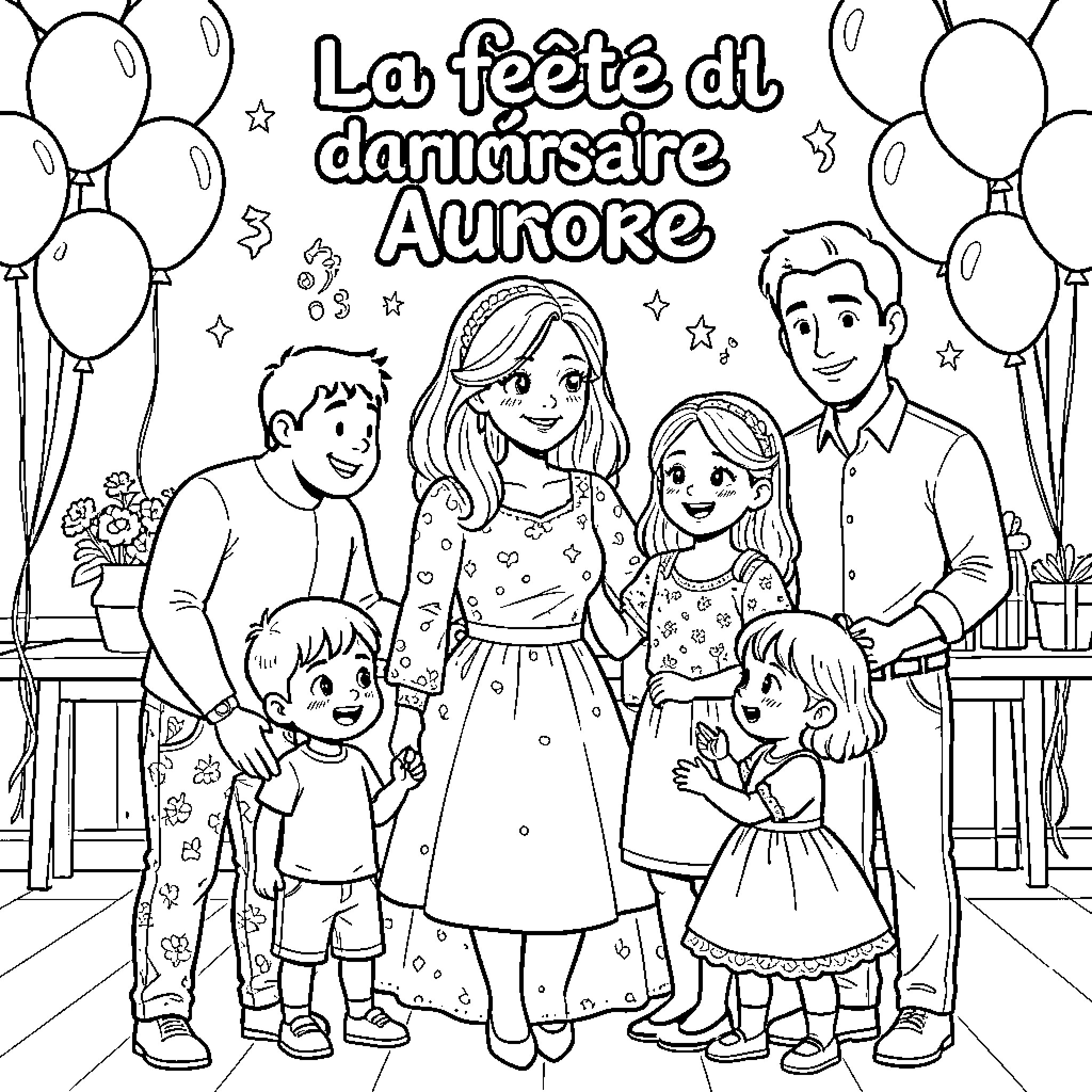 Birthday family celebrating together with balloons and smiles Coloring Page (free black-and-white line drawing printable PDF for all, from beginners to advanced learners, including children, teens, adults, and seniors)