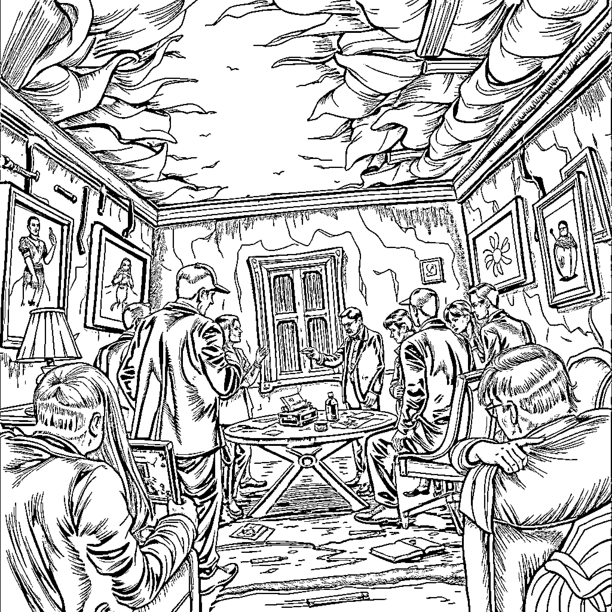 Conspiracy Meeting in Shadowy Room Coloring Page (free black-and-white line drawing printable PDF for all, from beginners to advanced learners, including children, teens, adults, and seniors)