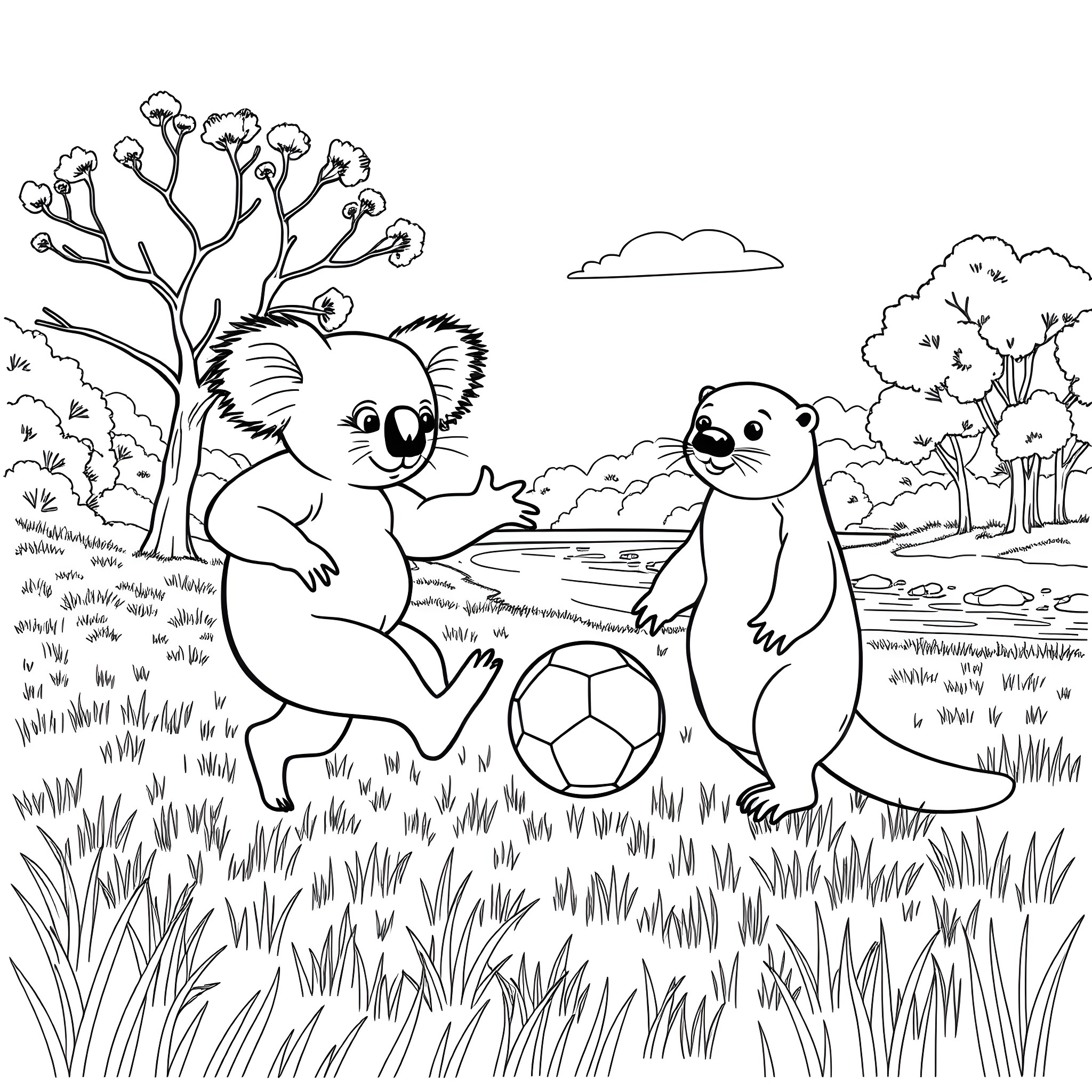 Koalas playing with soccer ball in the park Coloring Page (free black-and-white line drawing printable PDF for all, from beginners to advanced learners, including children, teens, adults, and seniors)