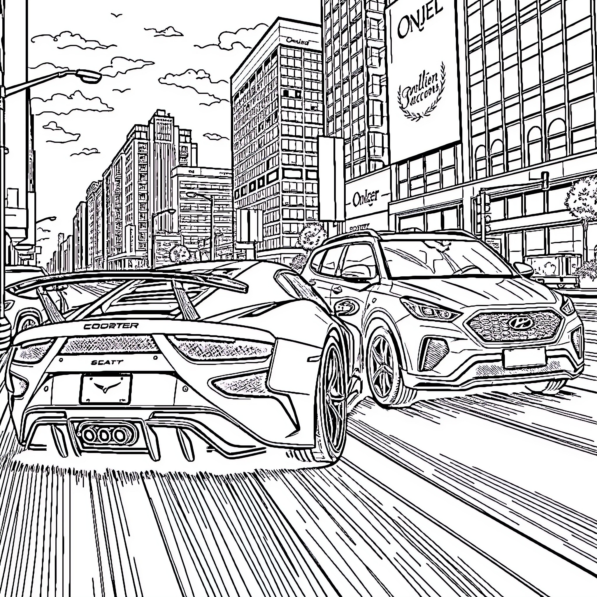 Car racing through the busy city streets Coloring Page (free black-and-white line drawing printable PDF for all, from beginners to advanced learners, including children, teens, adults, and seniors)
