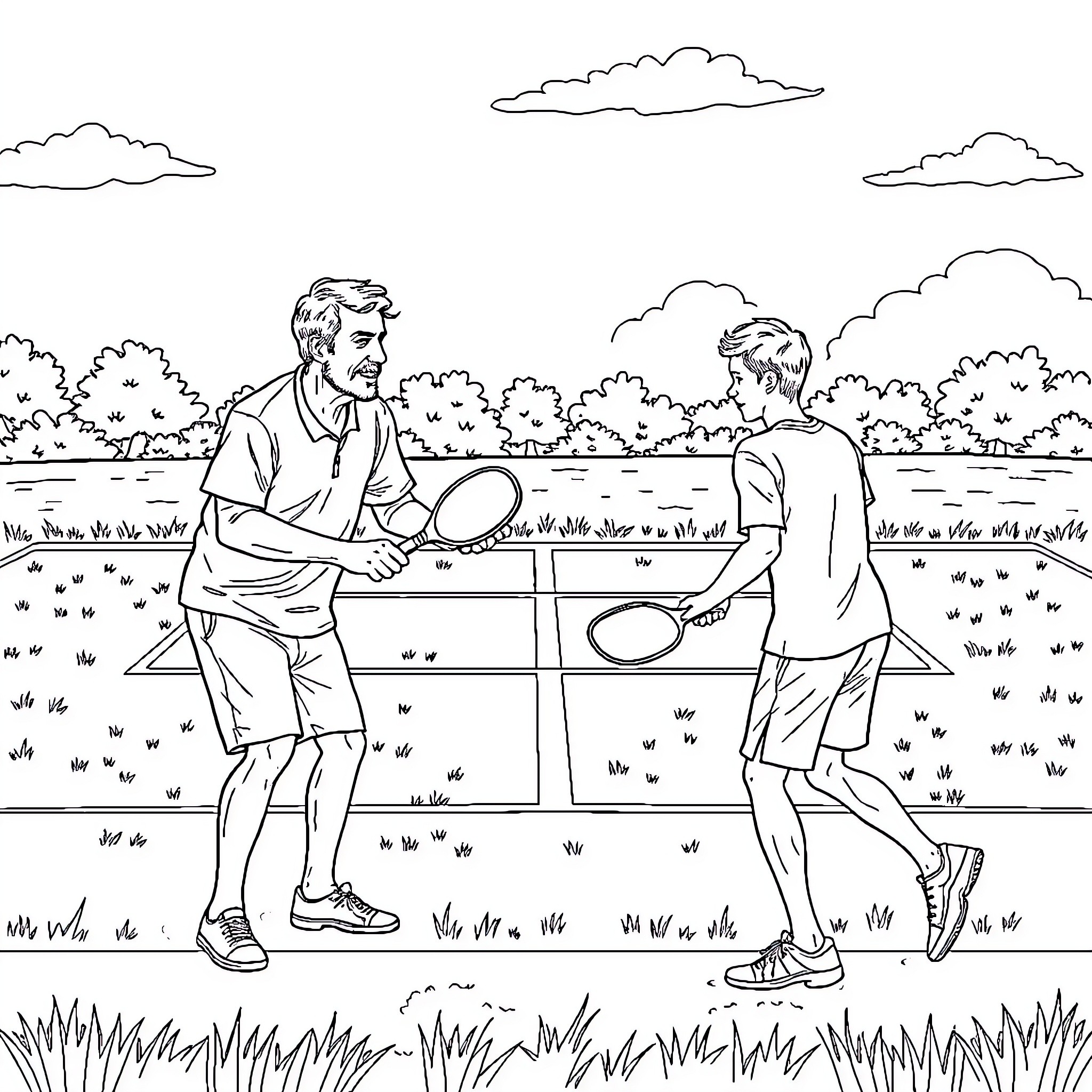 Pickleball players engage in a friendly match on the court Coloring Page (free black-and-white line drawing printable PDF for all, from beginners to advanced learners, including children, teens, adults, and seniors)