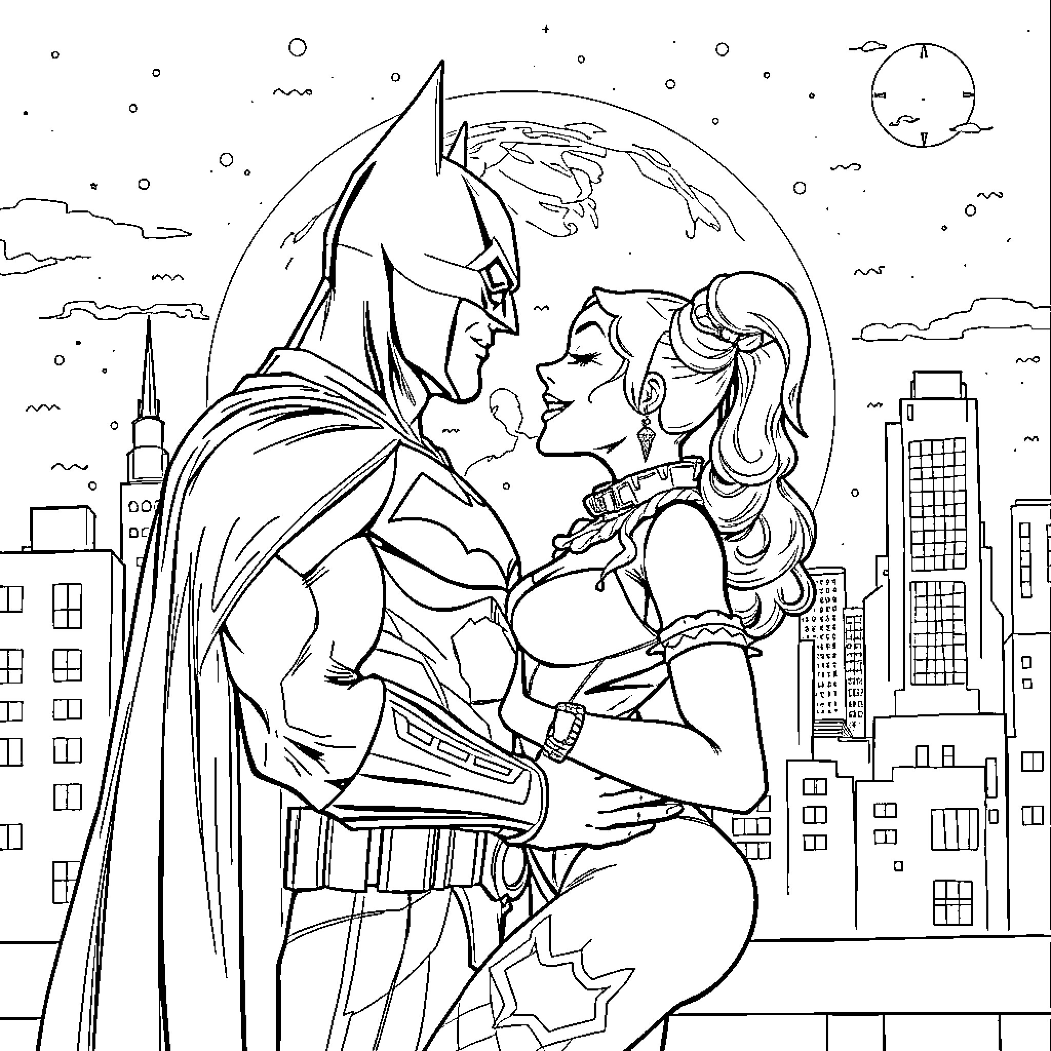 Batman embracing his romantic partner in the city Coloring Page (free black-and-white line drawing printable PDF for all, from beginners to advanced learners, including children, teens, adults, and seniors)