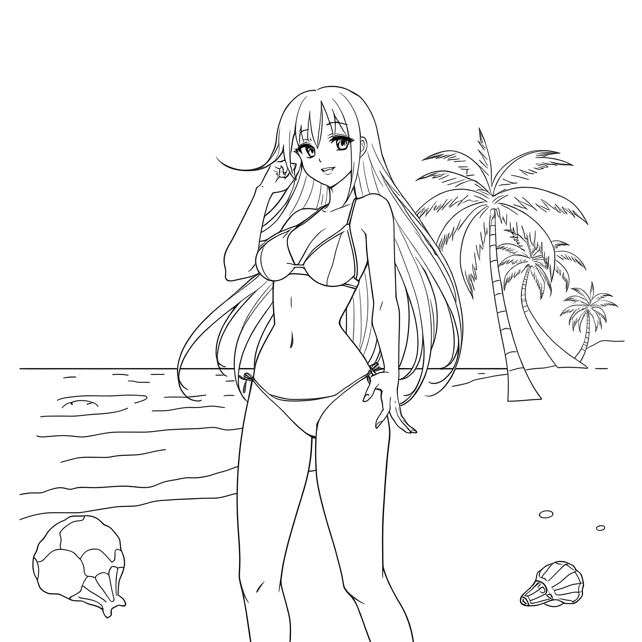 Momoi Satsuki on a tropical beach Coloring Page (free black-and-white line drawing printable PDF for all, from beginners to advanced learners, including children, teens, adults, and seniors)