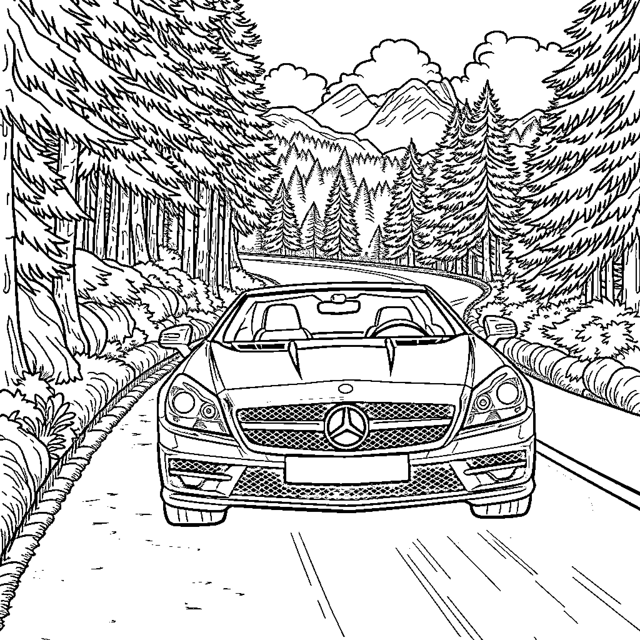 Mercedes SLK driving through a scenic mountain forest Coloring Page (free black-and-white line drawing printable PDF for all, from beginners to advanced learners, including children, teens, adults, and seniors)