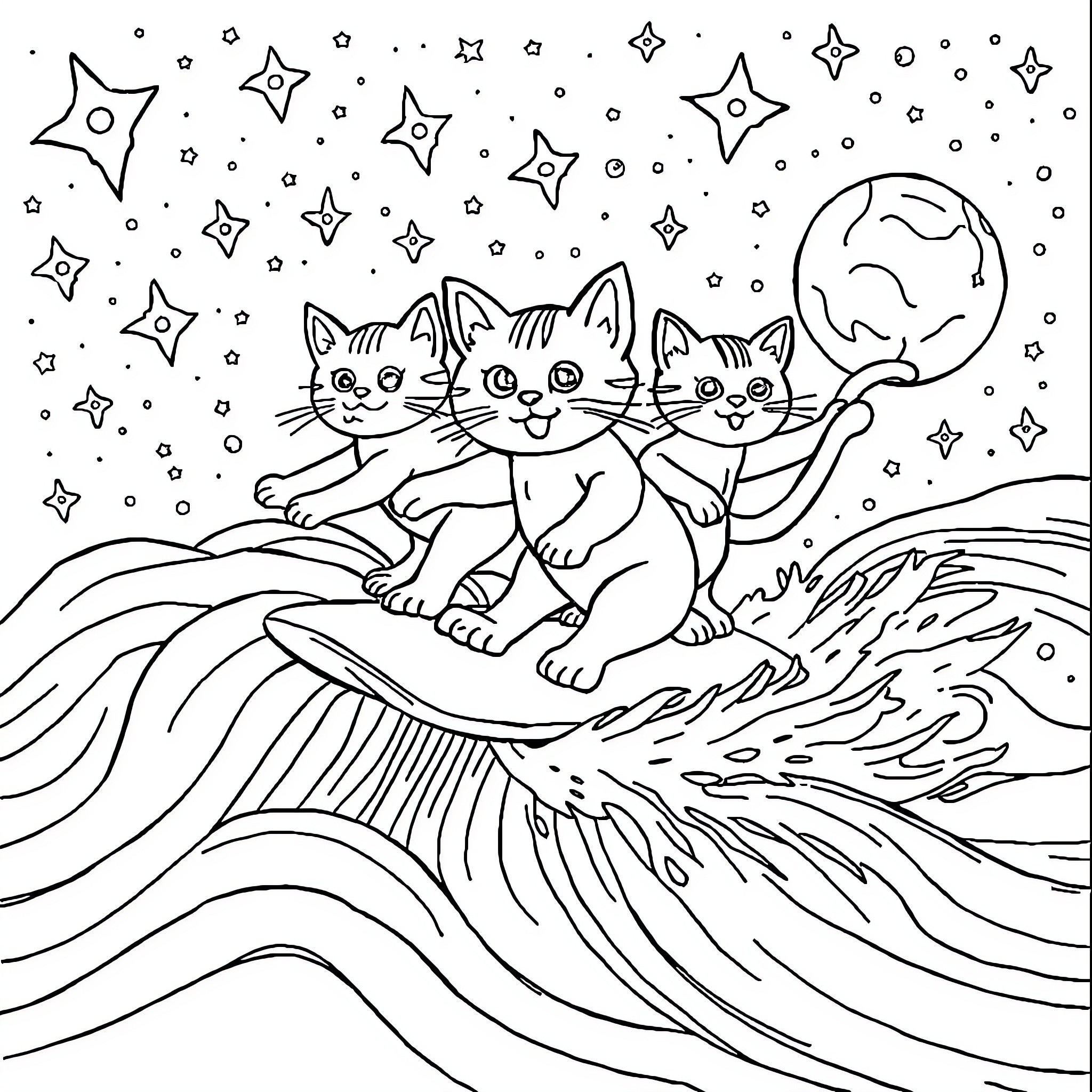 Cats surfing under the starry night sky Coloring Page (free black-and-white line drawing printable PDF for all, from beginners to advanced learners, including children, teens, adults, and seniors)