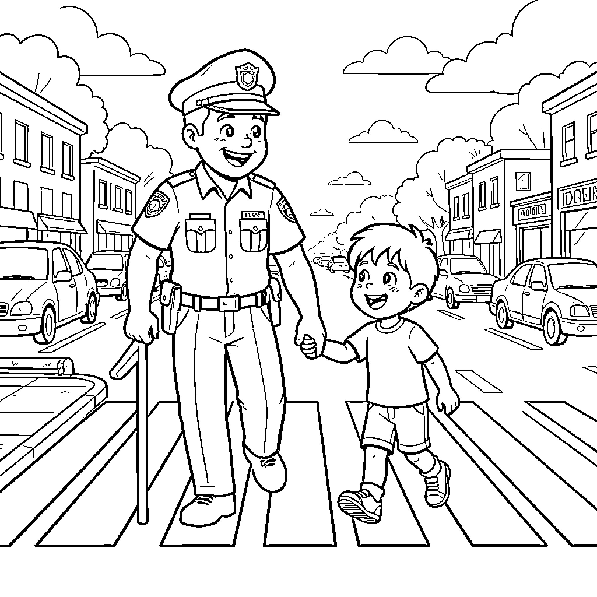 Police Officer Assisting a Child in Crossing the Street Coloring Page (free black-and-white line drawing printable PDF for all, from beginners to advanced learners, including children, teens, adults, and seniors)