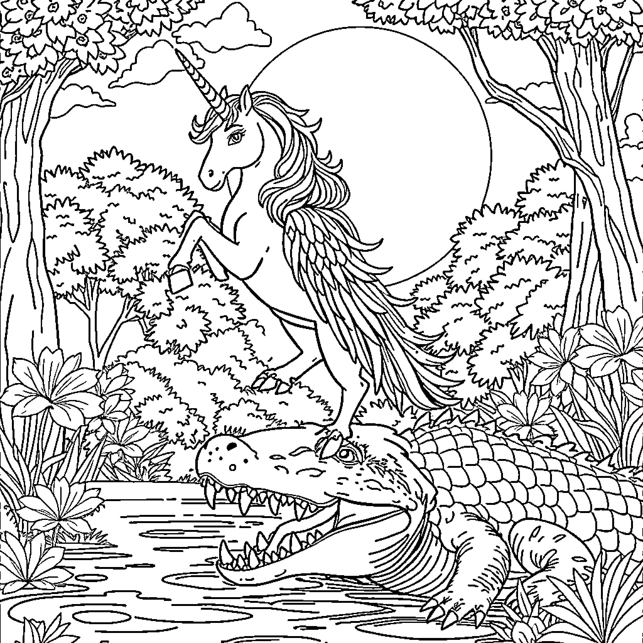 Unicorn admiring the magical forest landscape Coloring Page (free black-and-white line drawing printable PDF for all, from beginners to advanced learners, including children, teens, adults, and seniors)