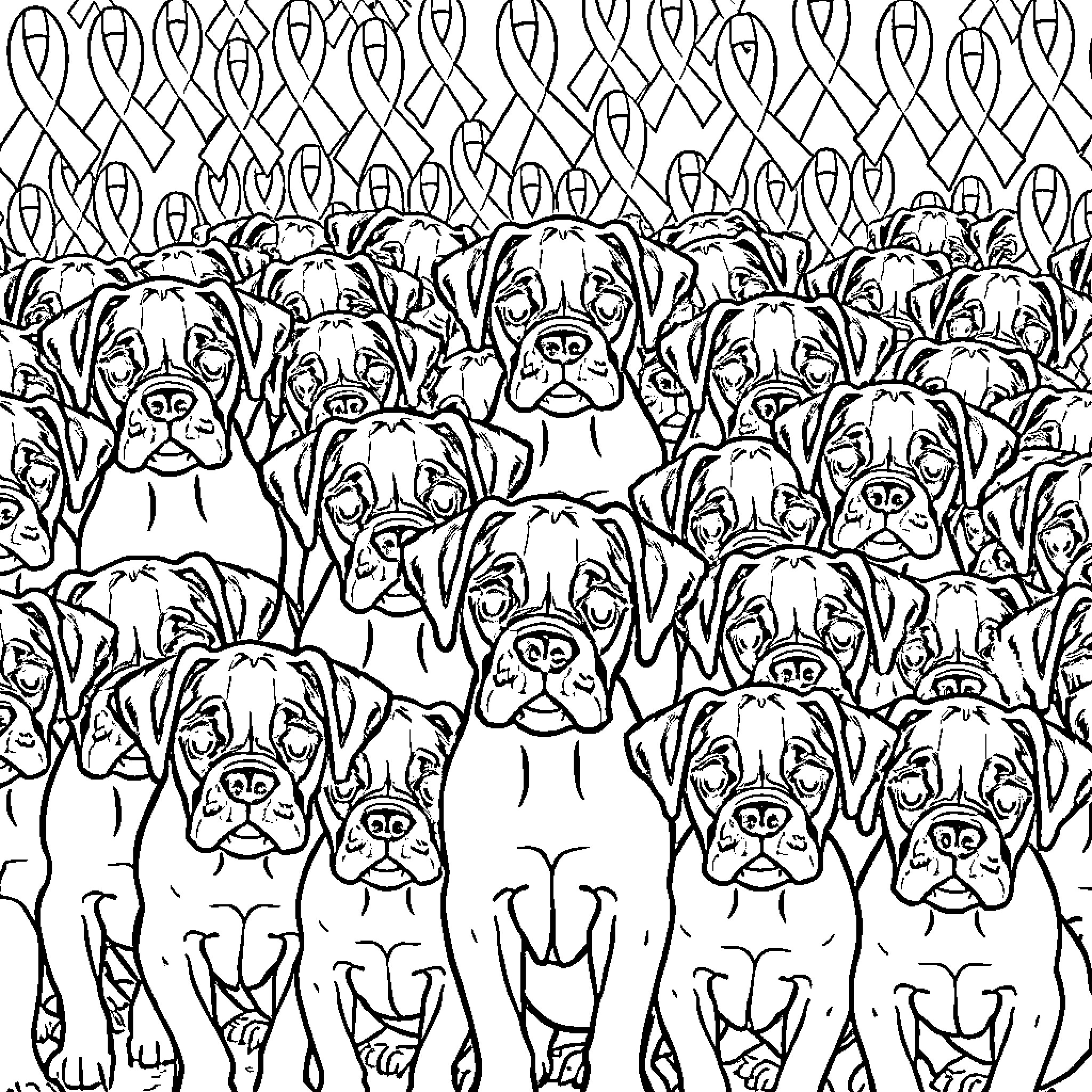 Boxer dogs in a crowd Coloring Page (free black-and-white line drawing printable PDF for all, from beginners to advanced learners, including children, teens, adults, and seniors)