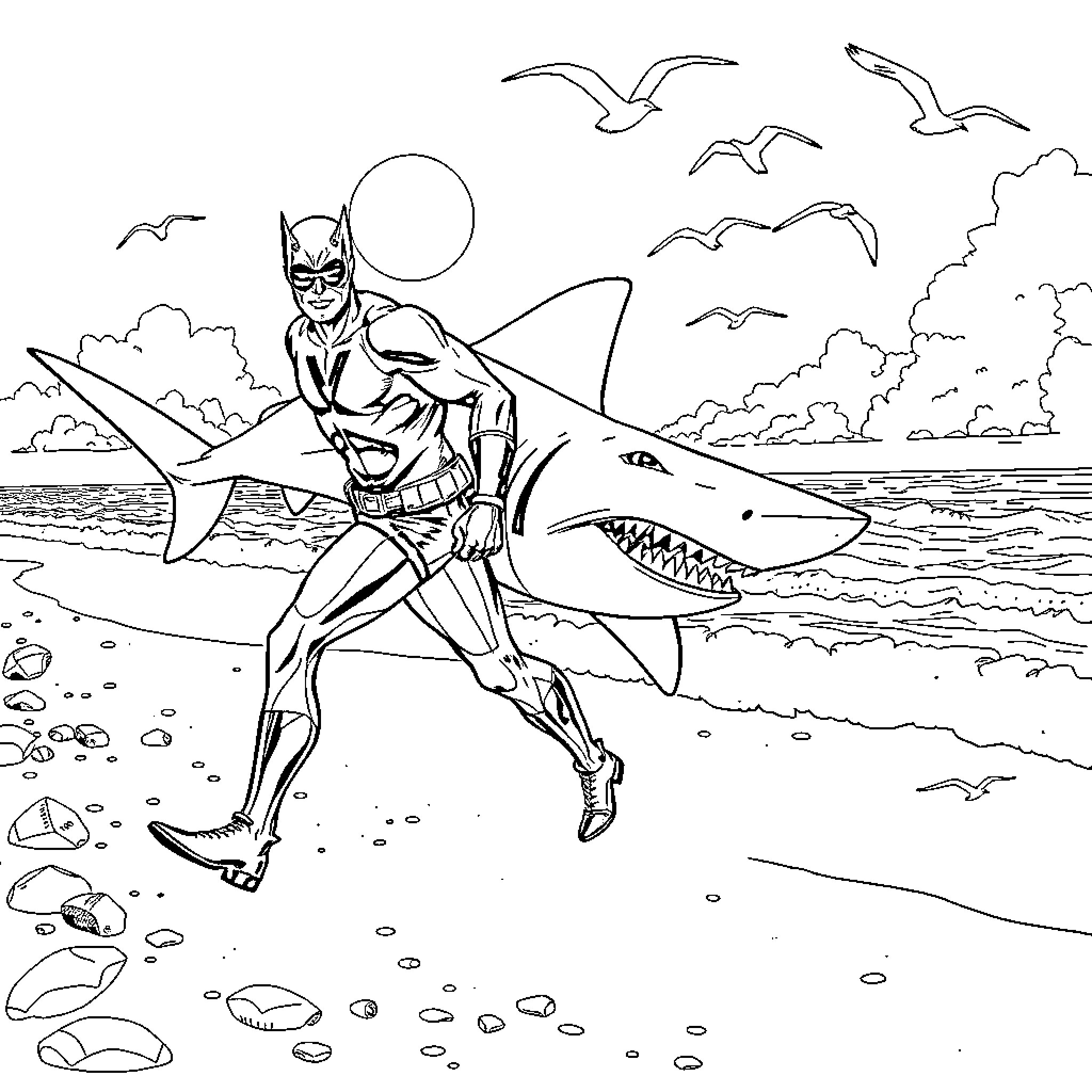 Daredevil battles a shark in the ocean Coloring Page (free black-and-white line drawing printable PDF for all, from beginners to advanced learners, including children, teens, adults, and seniors)