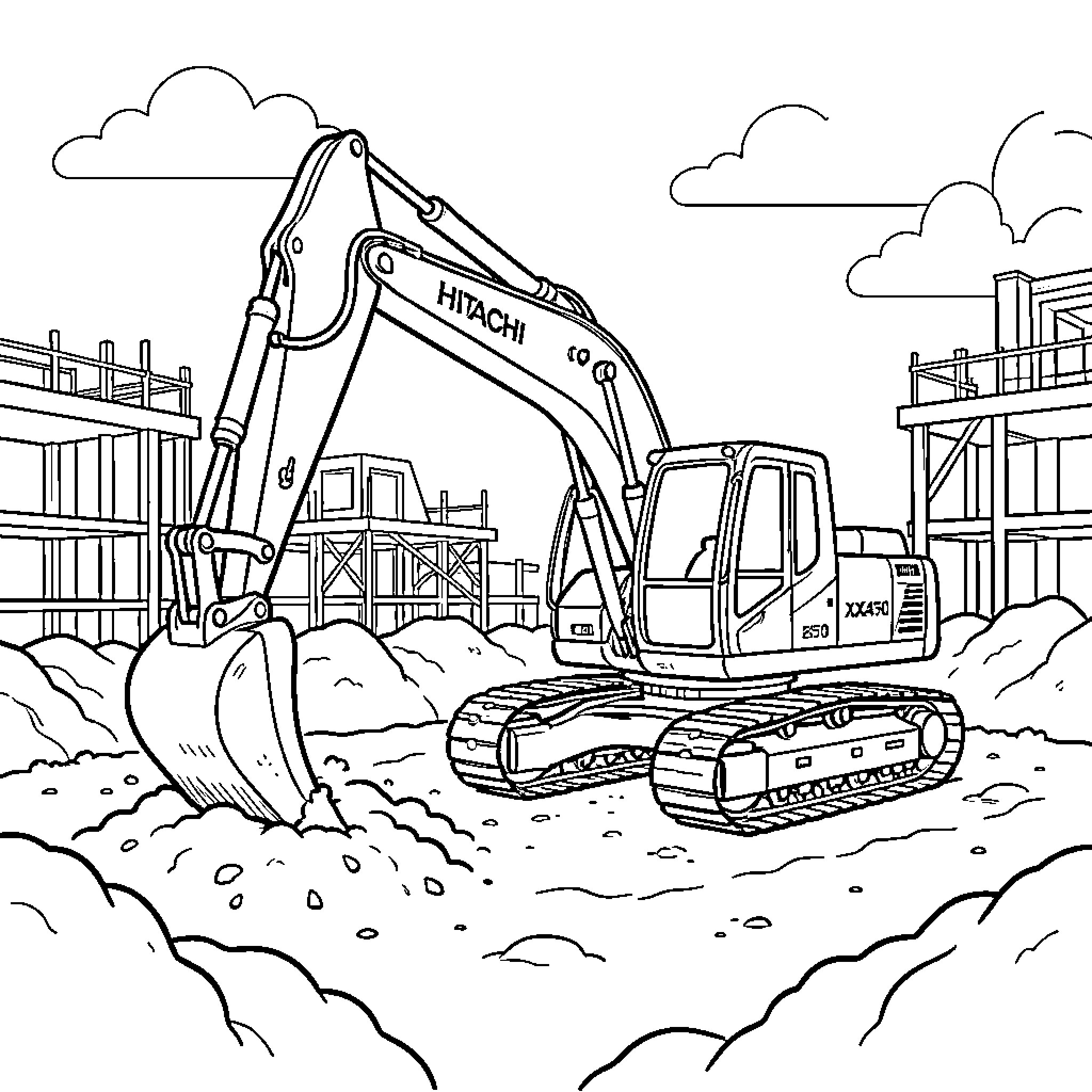 Excavator digging dirt at a construction site Coloring Page (free black-and-white line drawing printable PDF for all, from beginners to advanced learners, including children, teens, adults, and seniors)