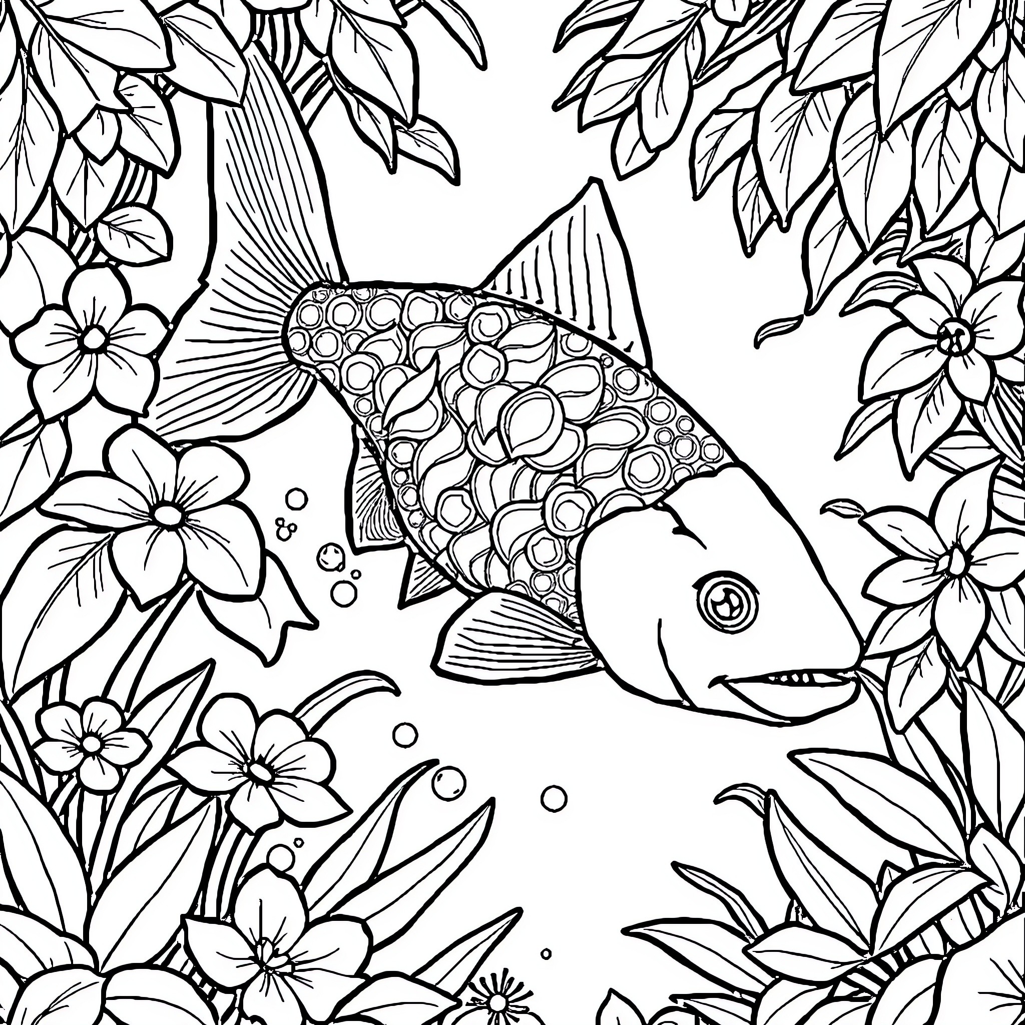 Garden Filled with Vibrant Fish and Flowers Coloring Page (free black-and-white line drawing printable PDF for all, from beginners to advanced learners, including children, teens, adults, and seniors)