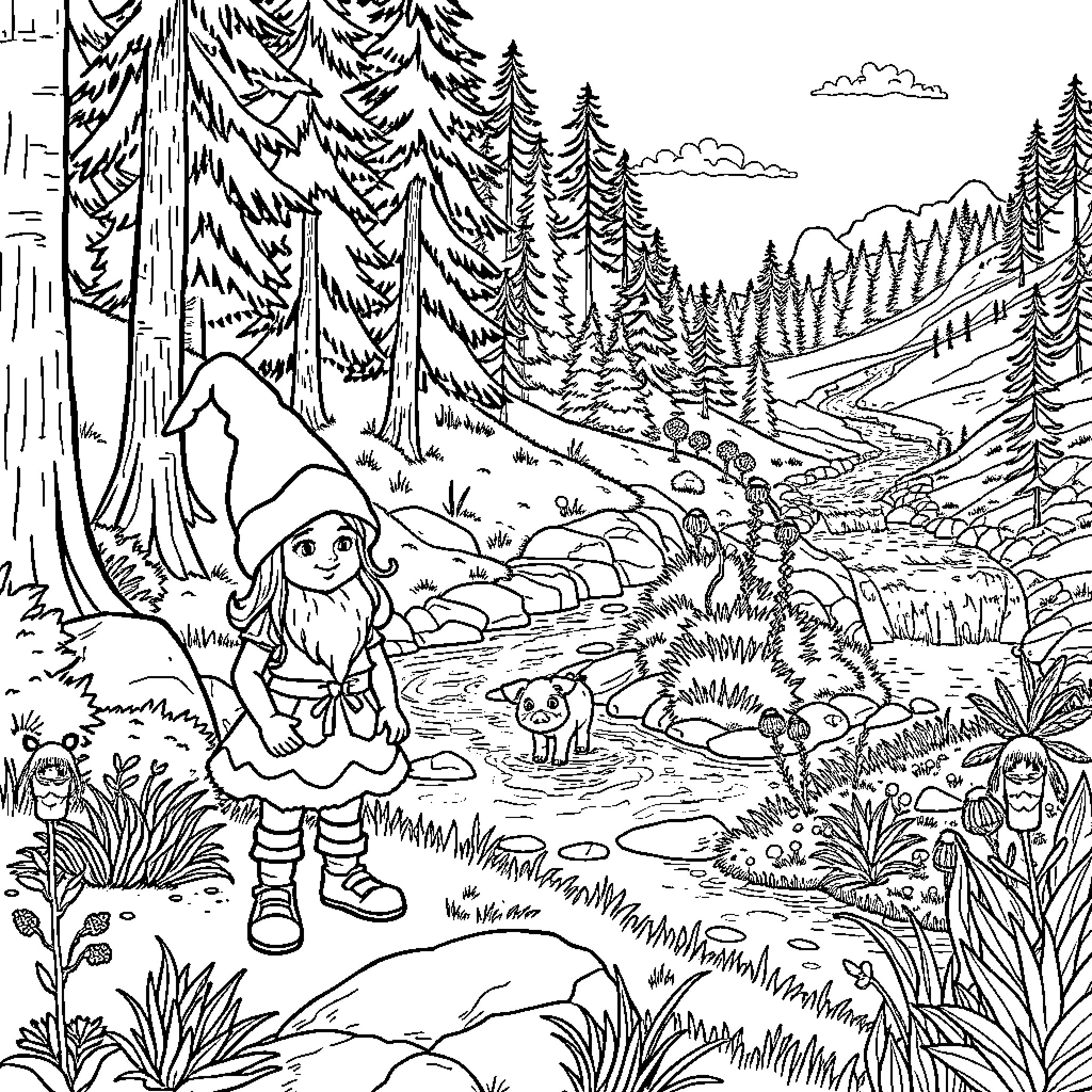 Gnome exploring the enchanted forest landscape Coloring Page (free black-and-white line drawing printable PDF for all, from beginners to advanced learners, including children, teens, adults, and seniors)