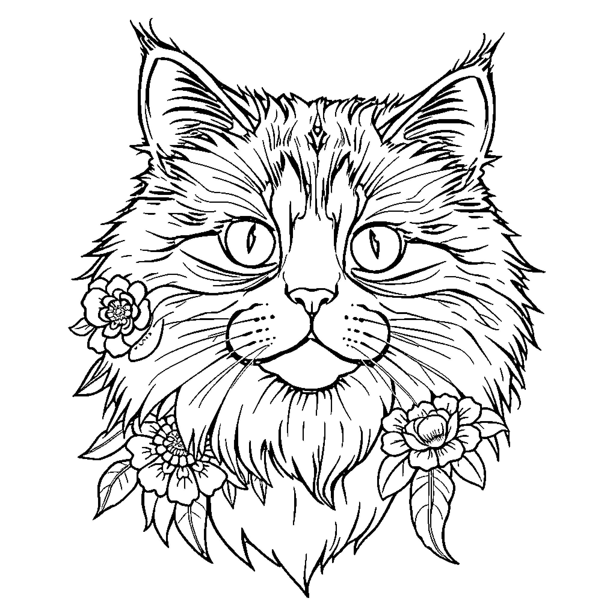 Cat with floral accents in artistic style Coloring Page (free black-and-white line drawing printable PDF for all, from beginners to advanced learners, including children, teens, adults, and seniors)