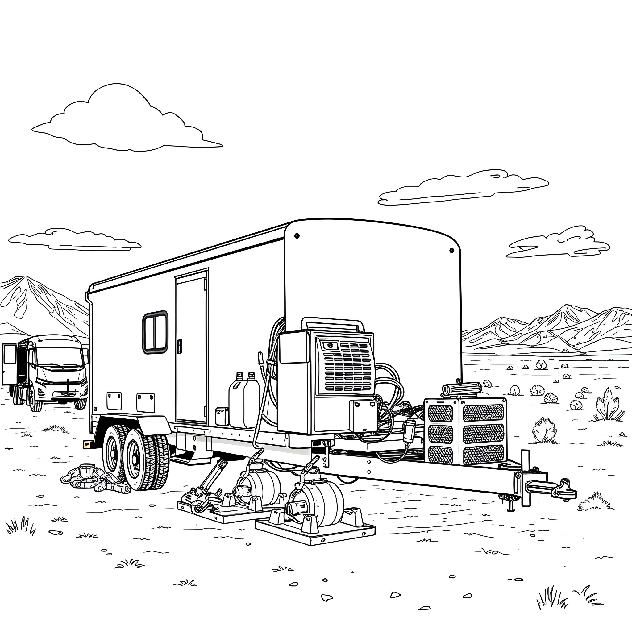 Gooseneck Trailer Set Up in Rugged Landscape Coloring Page (free black-and-white line drawing printable PDF for all, from beginners to advanced learners, including children, teens, adults, and seniors)