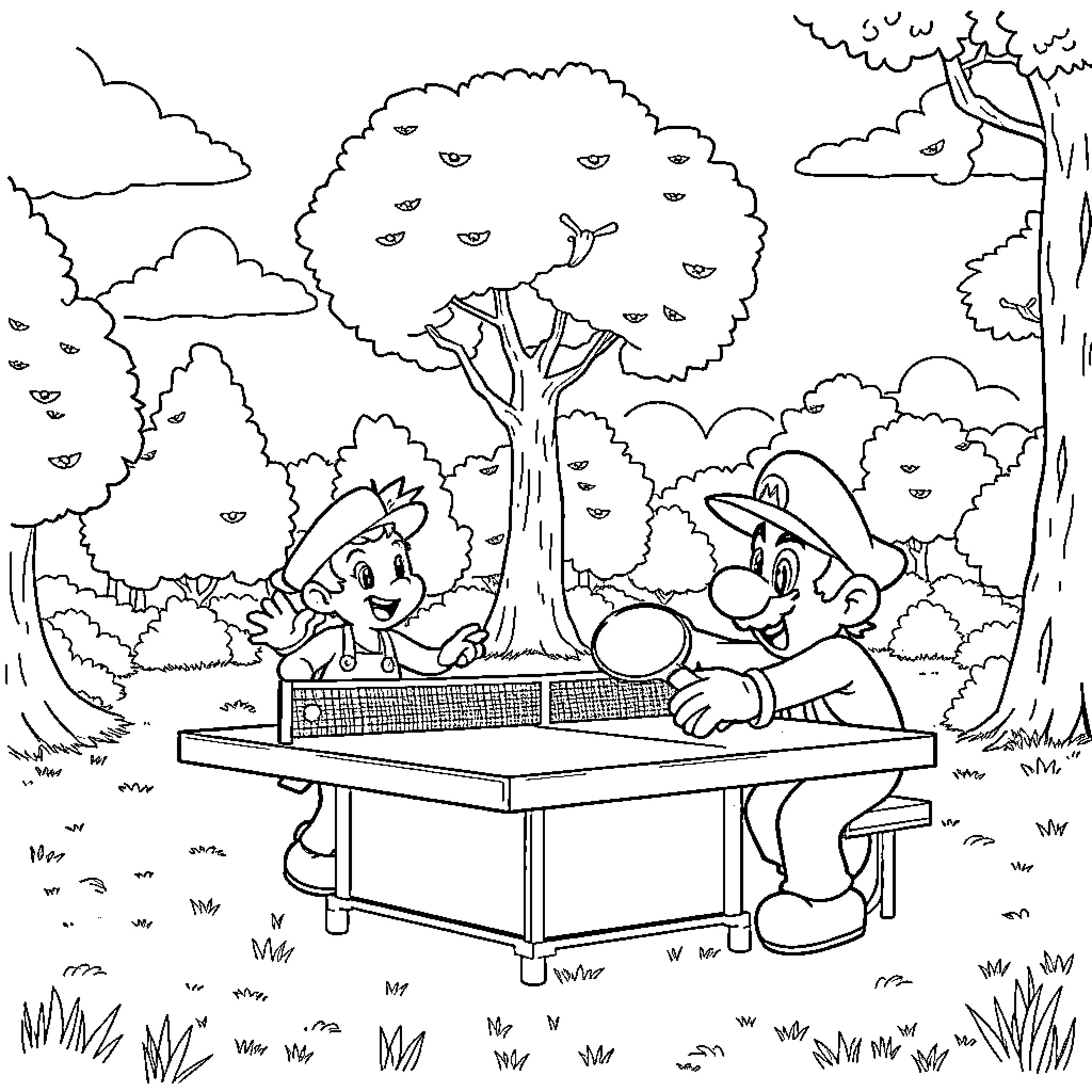 Mario and Luigi playing table tennis in the park Coloring Page (free black-and-white line drawing printable PDF for all, from beginners to advanced learners, including children, teens, adults, and seniors)