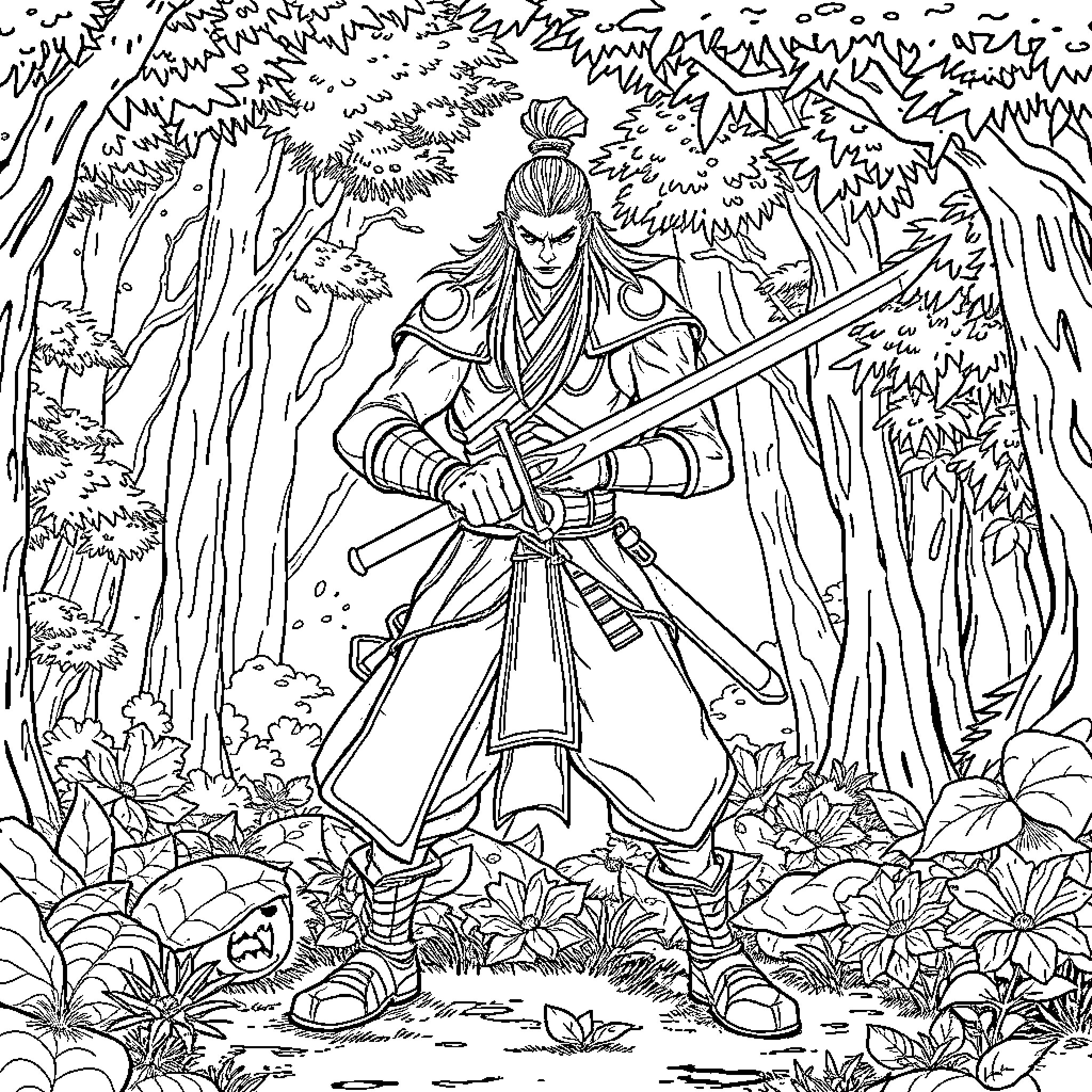 Rengokou warrior standing tall holding a sword in forest Coloring Page (free black-and-white line drawing printable PDF for all, from beginners to advanced learners, including children, teens, adults, and seniors)