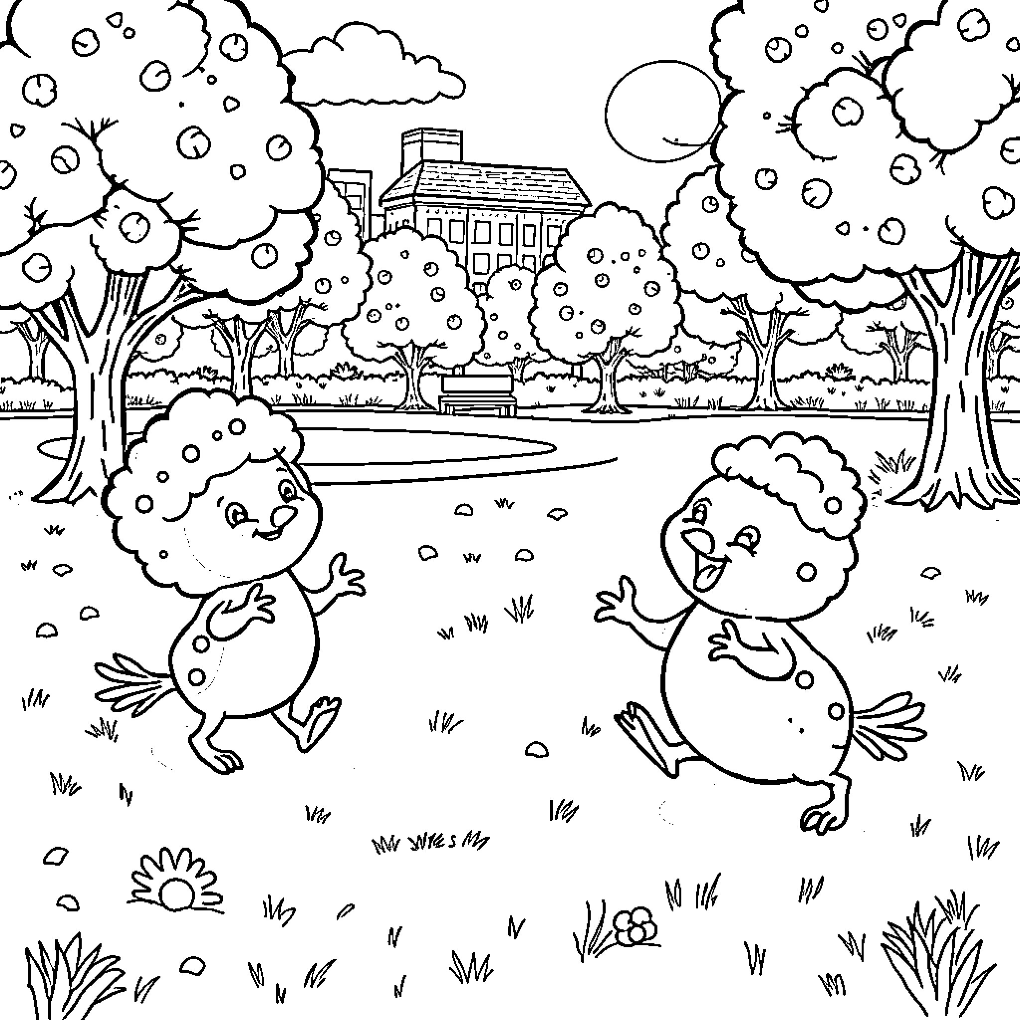Sprunkie characters frolicking in a whimsical outdoor scene Coloring Page (free black-and-white line drawing printable PDF for all, from beginners to advanced learners, including children, teens, adults, and seniors)
