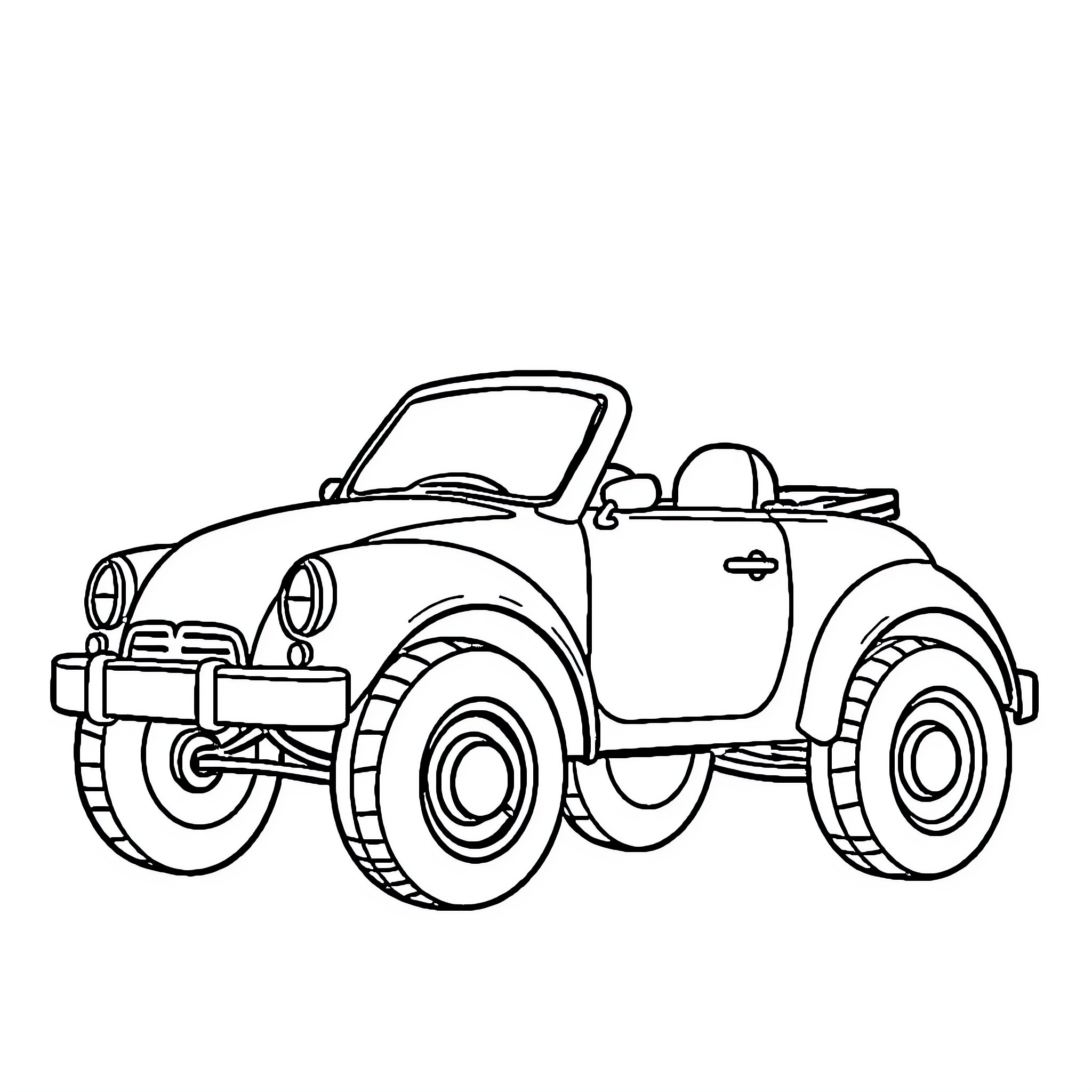 Tire-powered retro convertible vehicle adventure Coloring Page (free black-and-white line drawing printable PDF for all, from beginners to advanced learners, including children, teens, adults, and seniors)