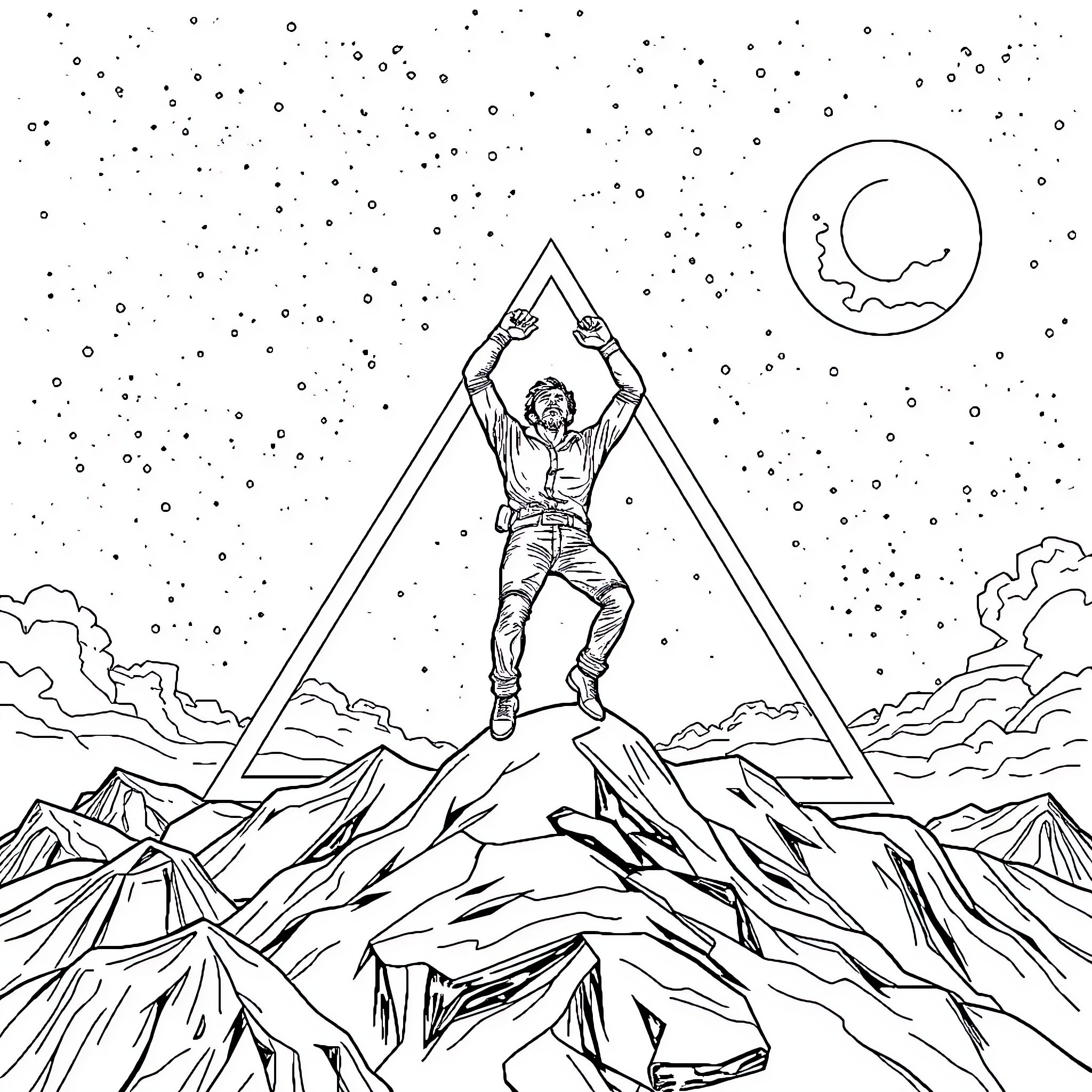 Homme standing triumphantly on mountain peak Coloring Page (free black-and-white line drawing printable PDF for all, from beginners to advanced learners, including children, teens, adults, and seniors)