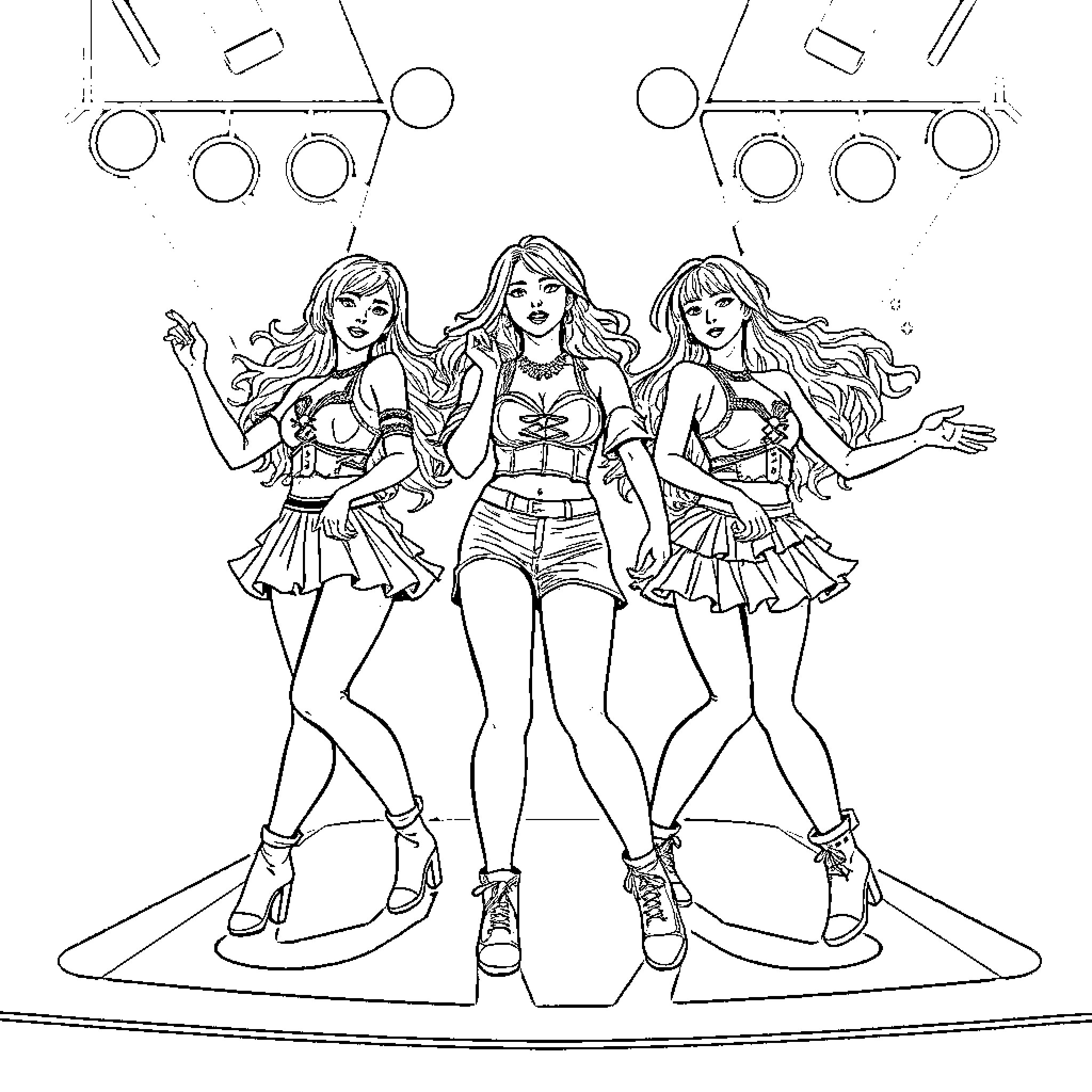 Kpop Warriors Performing on Stage Coloring Page (free black-and-white line drawing printable PDF for all, from beginners to advanced learners, including children, teens, adults, and seniors)