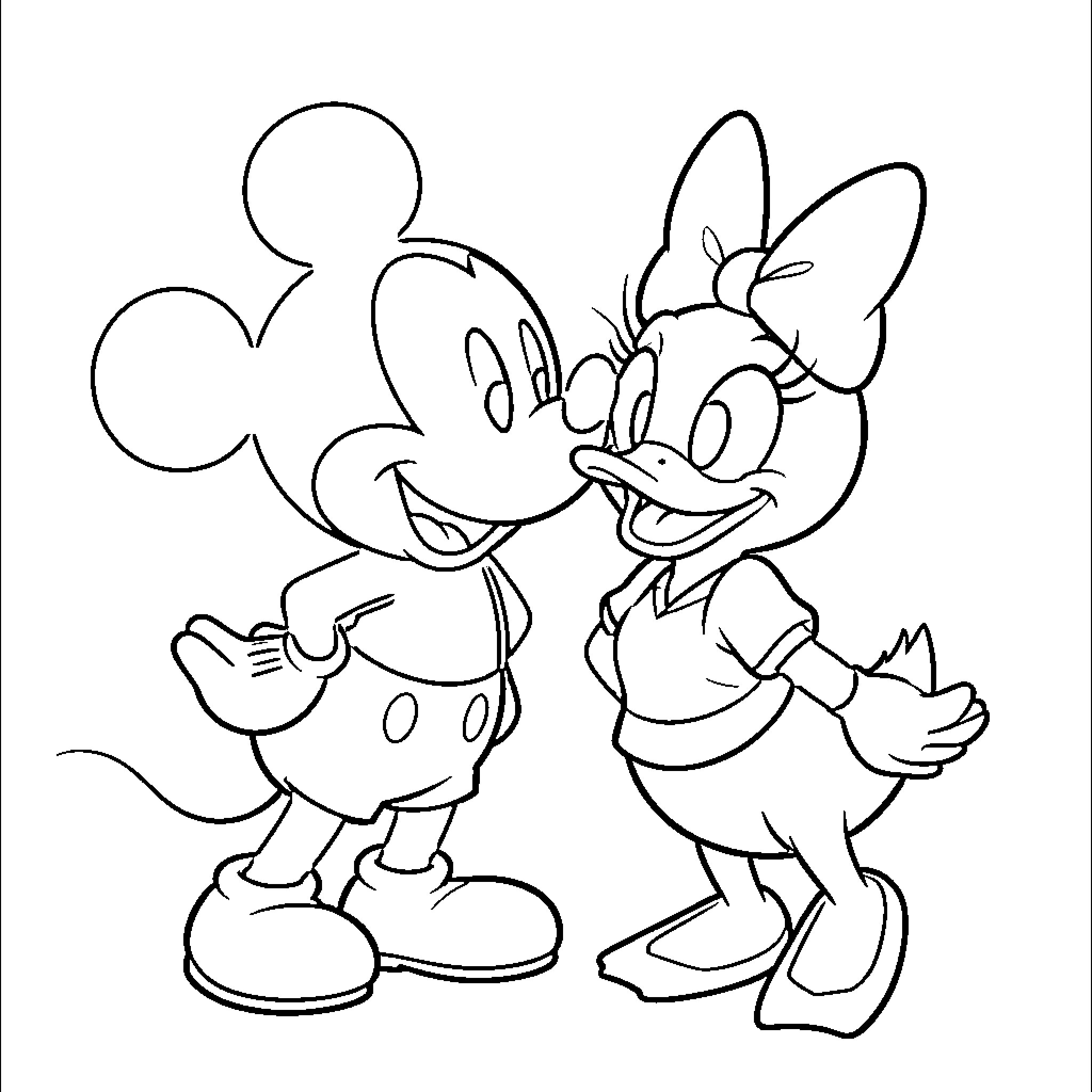 Mickey Mouse and Minnie Mouse sharing a sweet moment Coloring Page (free black-and-white line drawing printable PDF for all, from beginners to advanced learners, including children, teens, adults, and seniors)