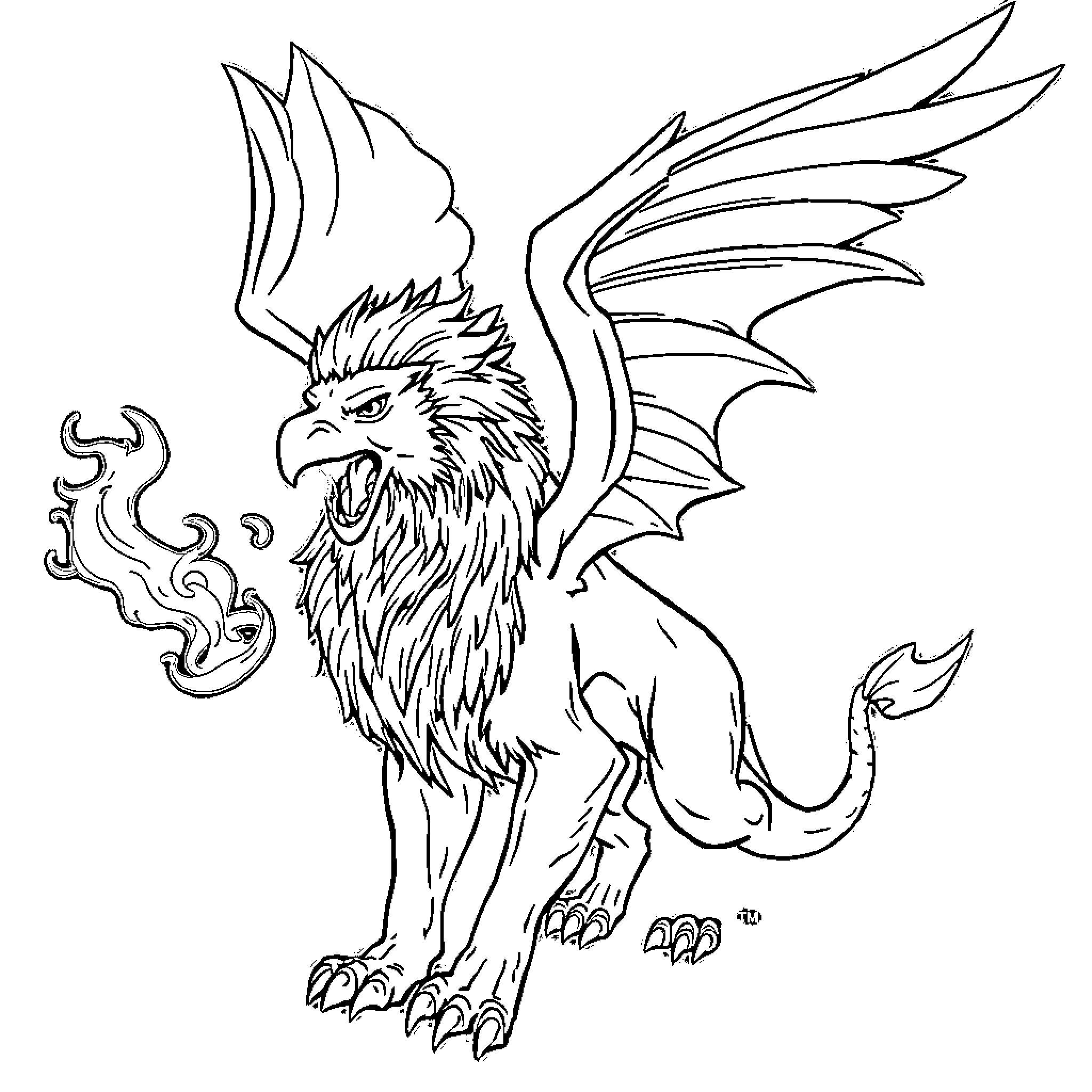 Griffon creature with fierce expression and powerful wings Coloring Page (free black-and-white line drawing printable PDF for all, from beginners to advanced learners, including children, teens, adults, and seniors)